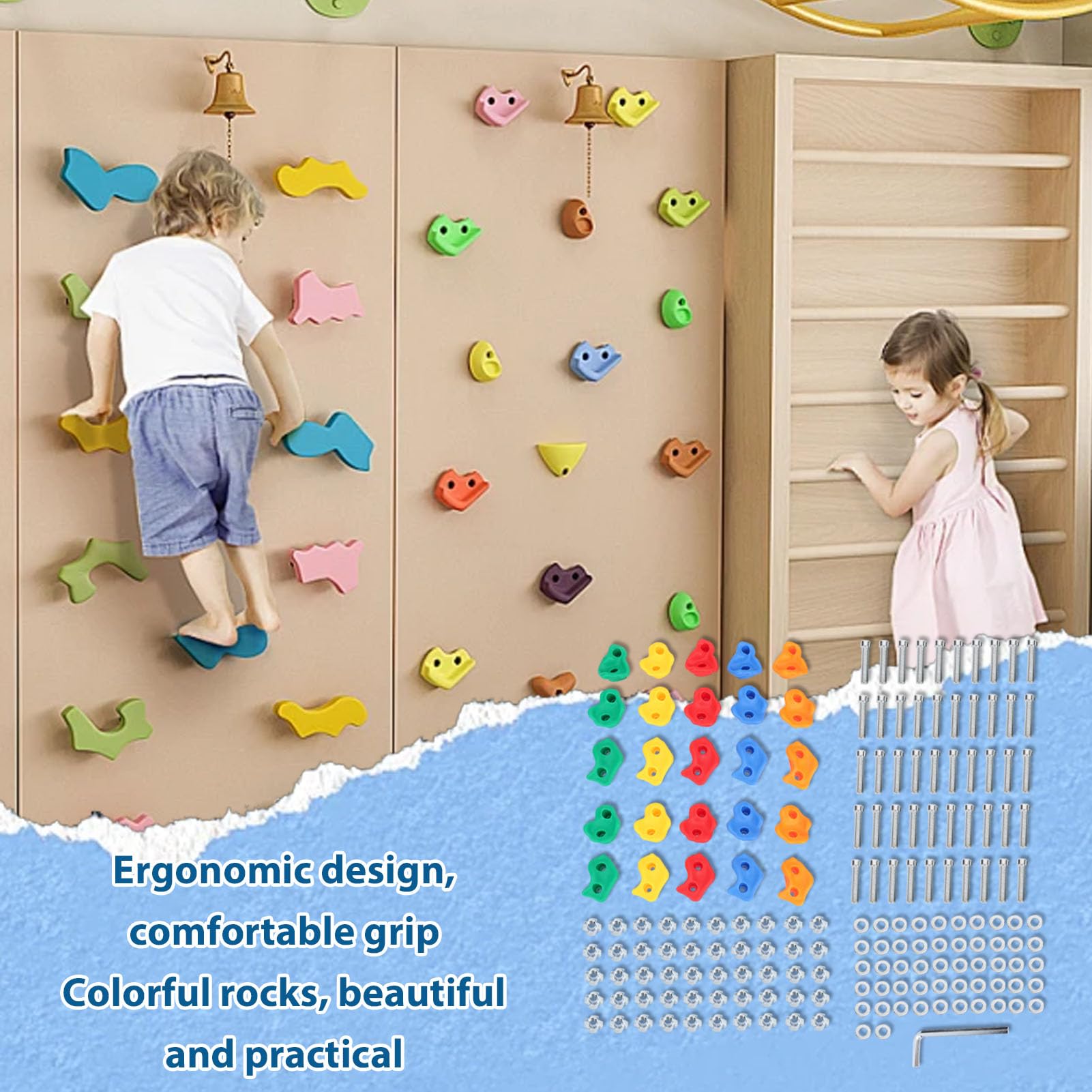 Brrnoo Set Parete Arrampicata per Bambini Multicolore, Rocce Gioco Sicure