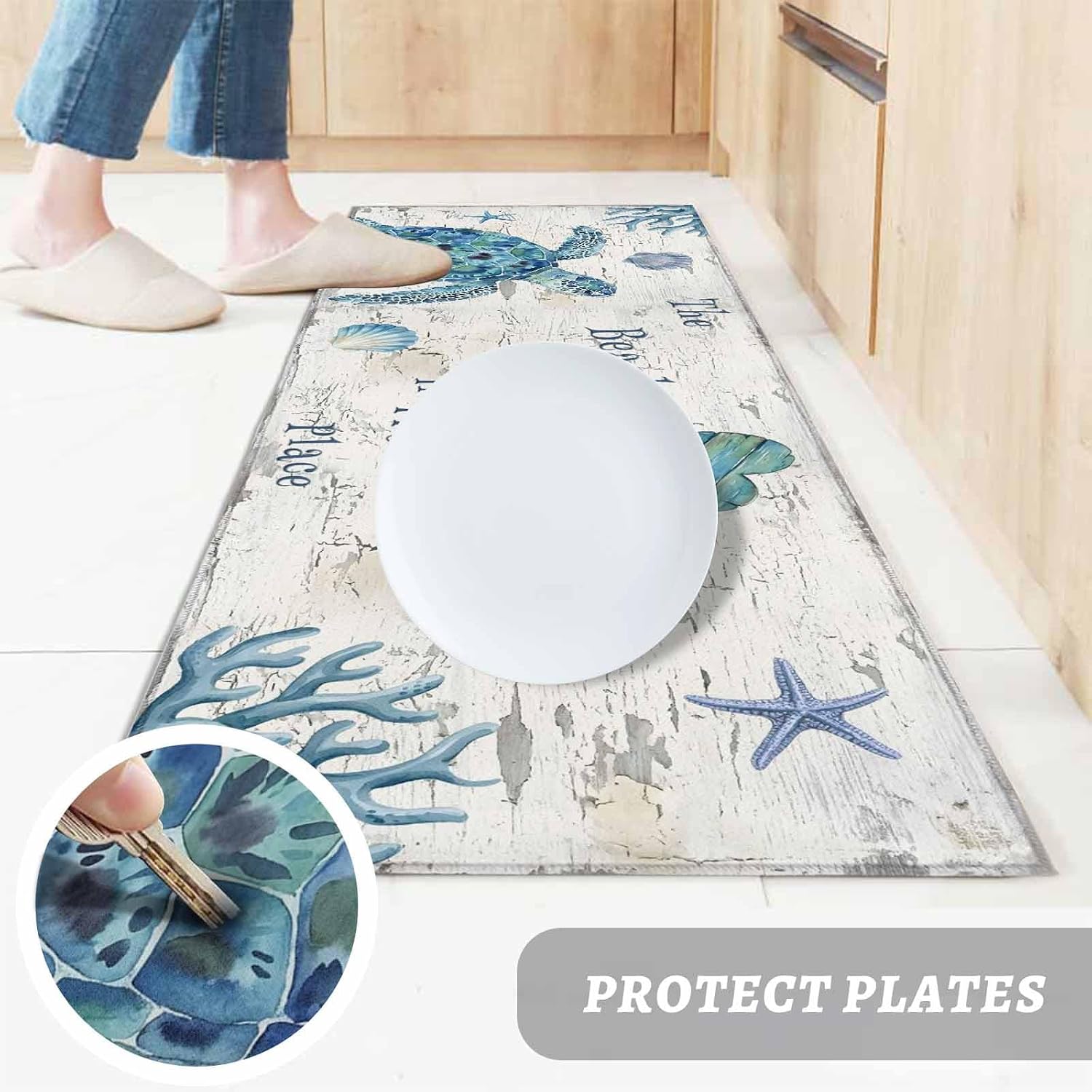 Teamery Kitchen Mats for Floor Summer Beach Shell Starfish Washable Non Slip Kitchen Rugs 1PCS, Retro Mottled Wooden Board Absorbent Standing Mats for Sink Bathroom Office Living Room 23.6x70.9in