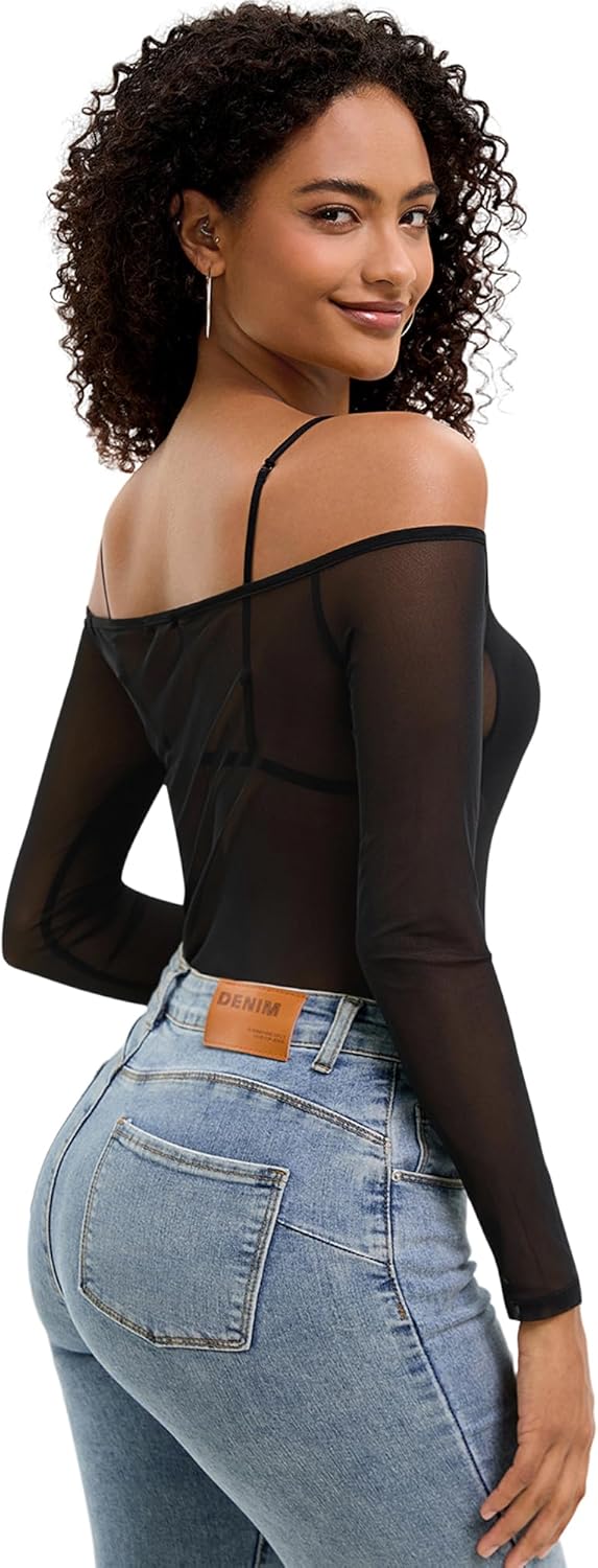 Allchic Womens Sheer Mesh Off Shoulder Tops See Thru Long Sleeve Sexy Shirts - Image 4