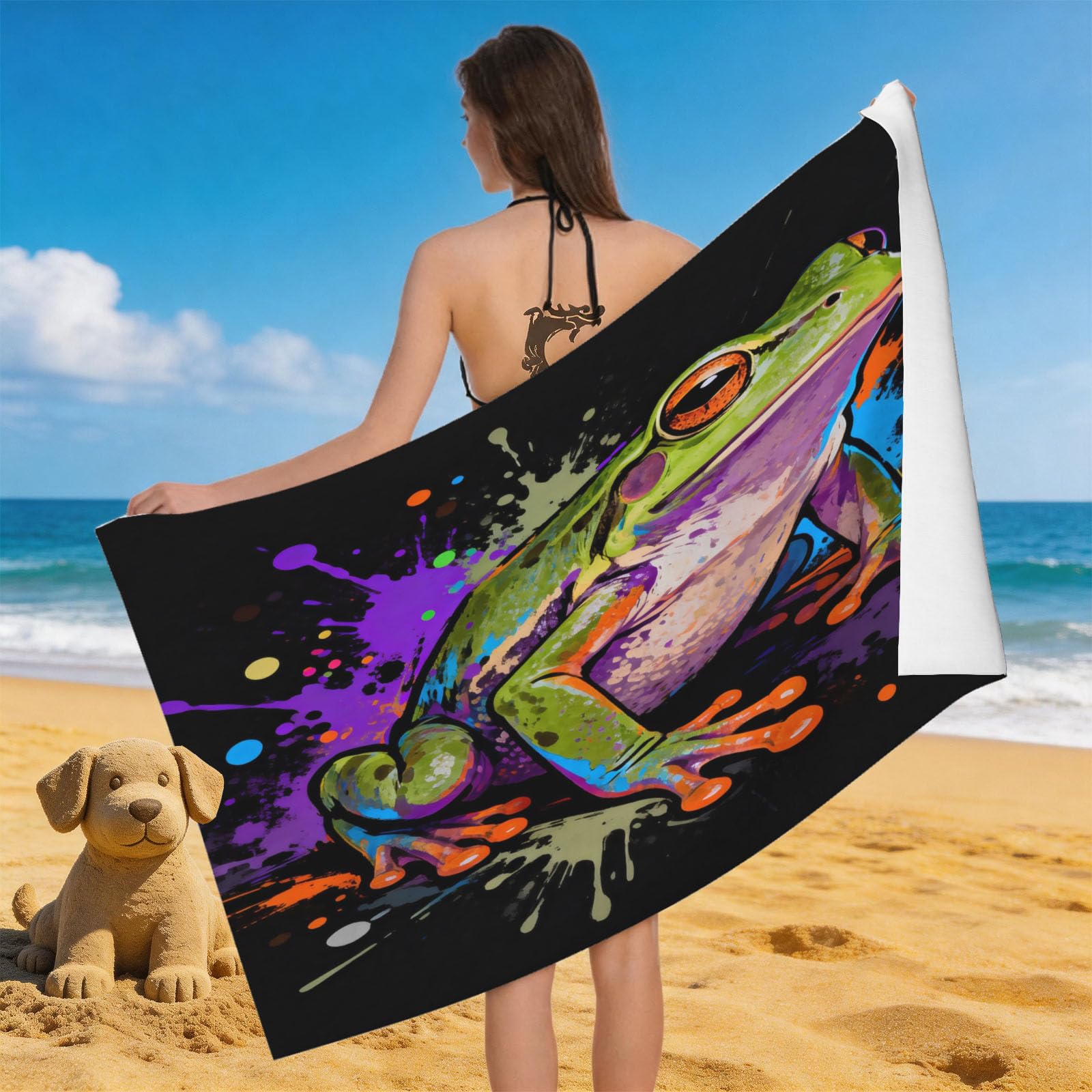 Leichong 3D Tree Frog Beach Towel Microfiber Soft Quick Dry for Adults, Wall Graffiti Bath Towel Lightweight Soft Absorbent for Travel Swimming Pool Sports, 75 x 150 cm