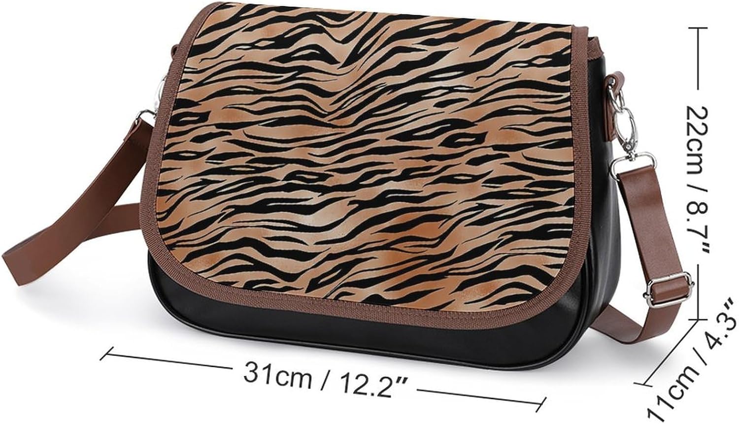 Black Orange Tiger PrintWomen's Faux Leather Crossbody Bag, Waterproof Wrinkle-Resistant Shoulder Bag with Detachable Strap, Large Capacity Casual Handbag, Fashion Daily Purse for Shopping Work Dating