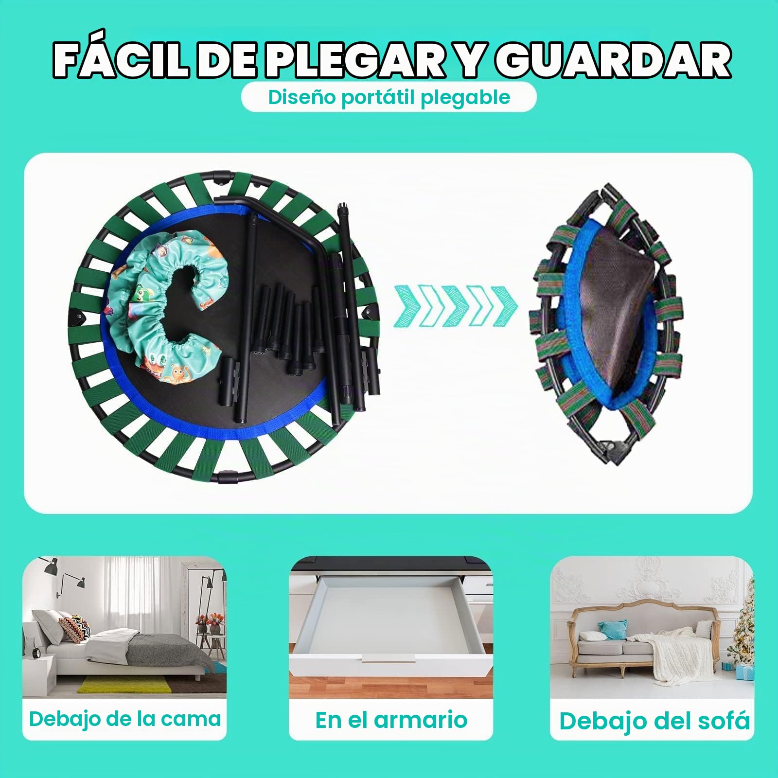 Mini trampolín Ø 92 cm Cama elástica Infantil con Mango Ajustable, trampolín para niños Plegable para Interior o Exterior, Capacidad de Carga 60 kg