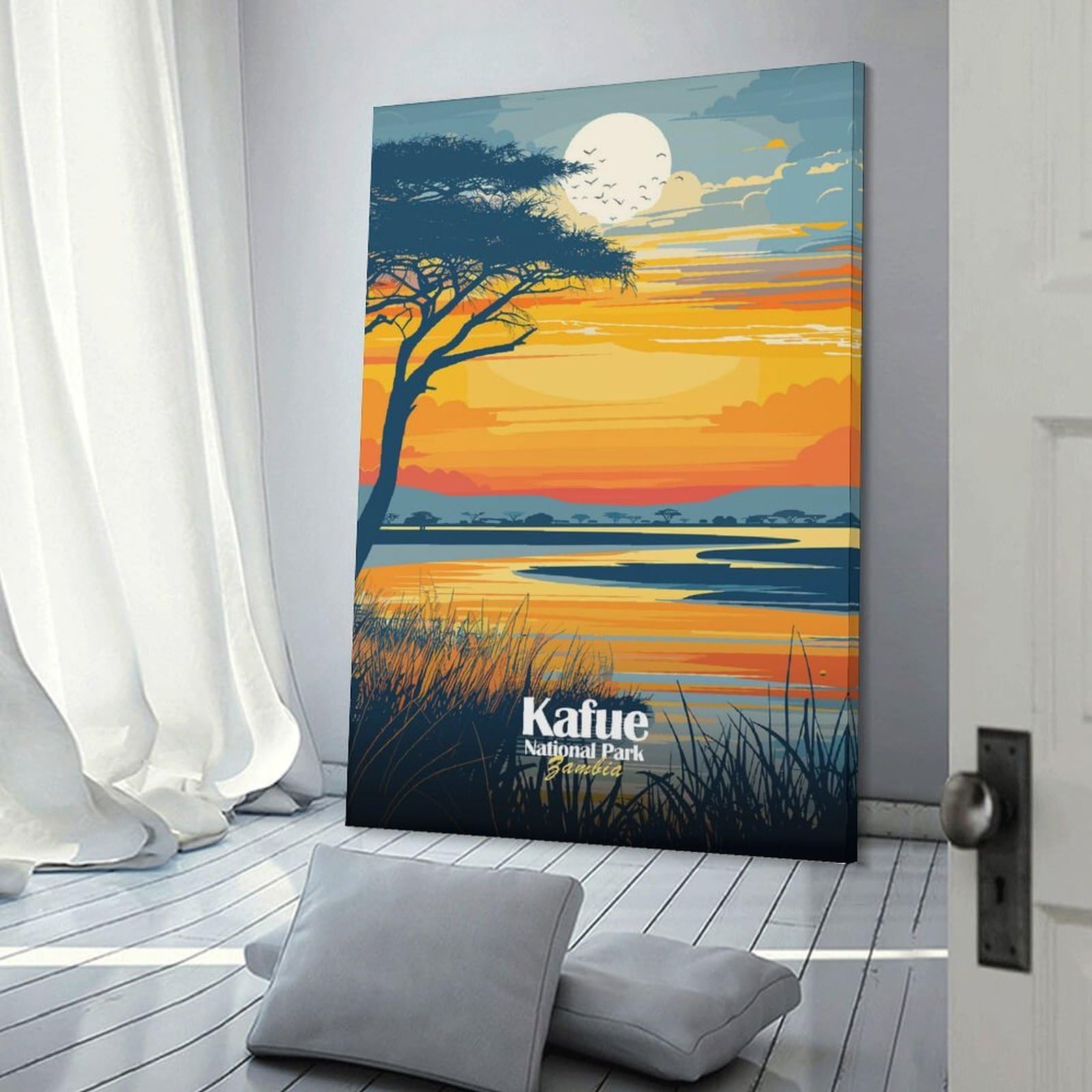 Junmoney Kafue National Park Zambia Illustration Canvas Wall Decor 20x30inch(50x75cm), for Home Lounge, Bedroom Or Reading Nook, A Home Accent with Warm Character