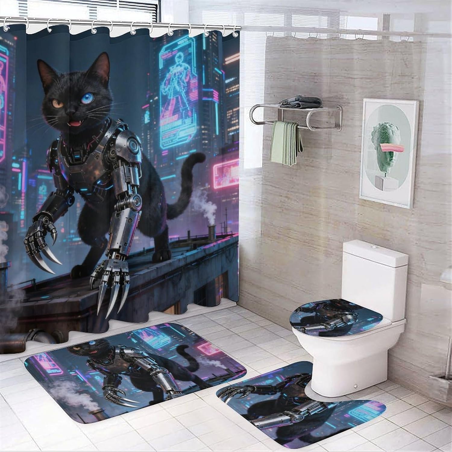 4 Piece Bathroom Rug Set with Shower Curtain, Non-Slip Bath Mat Toilet Cover Set, Mechanical Cat Bathroom Rug Sets