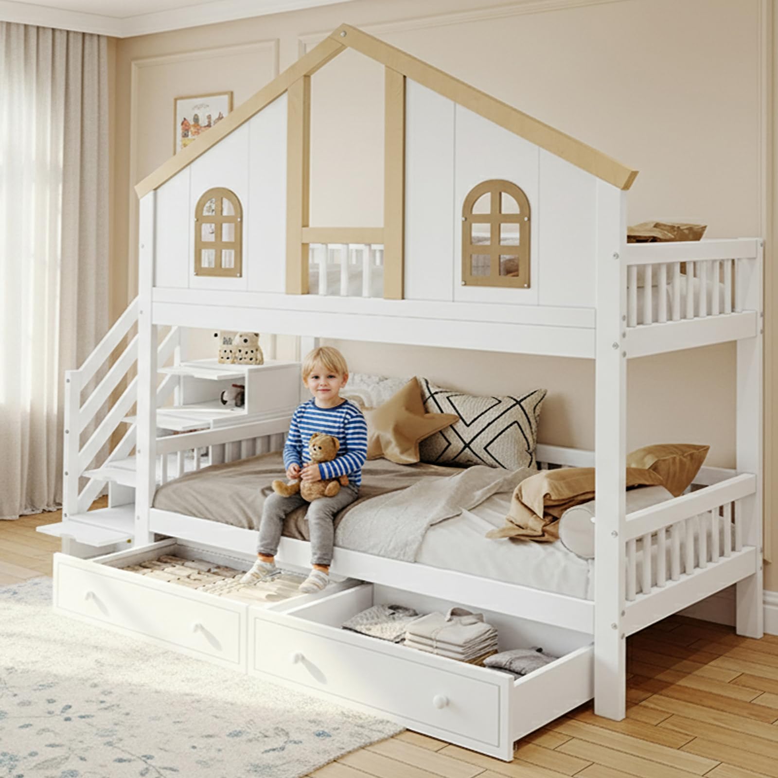 Letto a castello per bambini, 90 x 200 cm, con porta di sicurezza, finestra, due cassetti su ruote e scala con quattro ripostigli. Legno bianco e naturale. (Bianco)