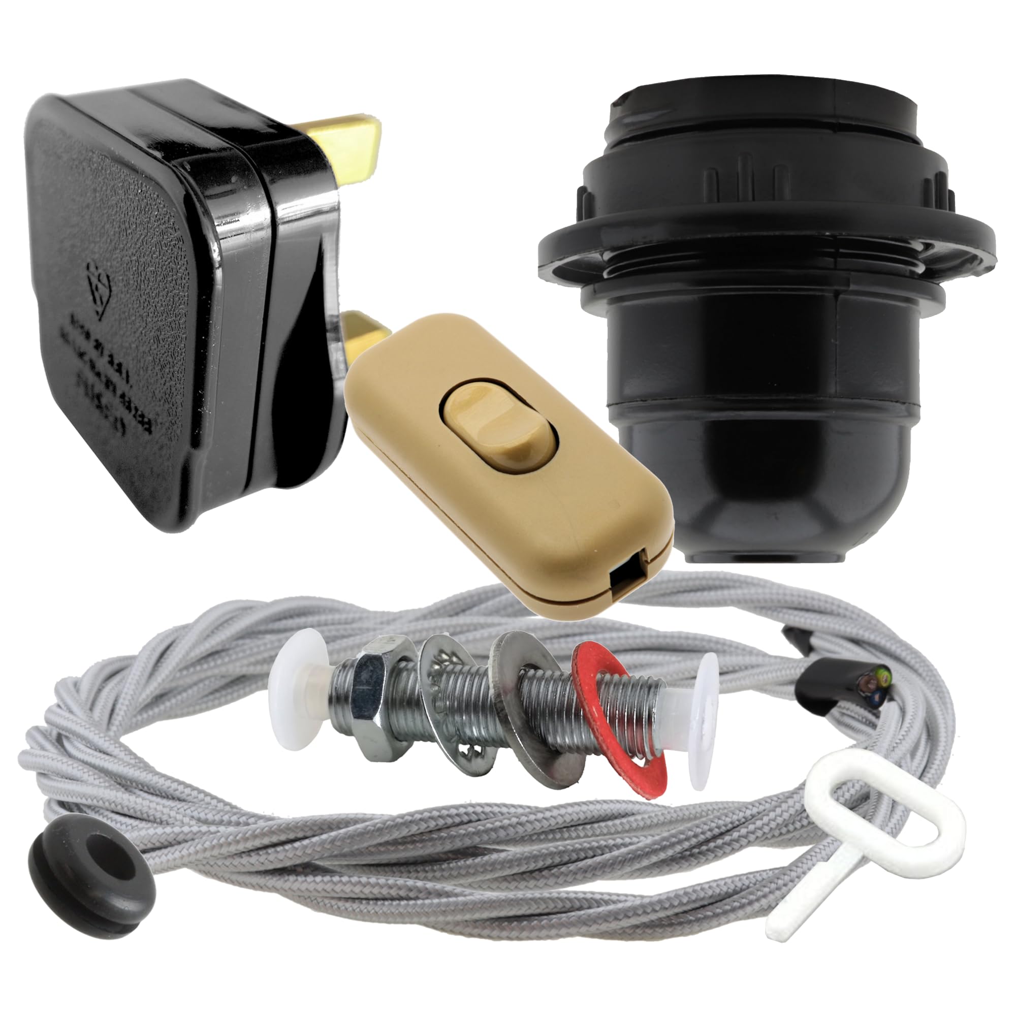 Art Deco Emporium Lamp Repair Kit|Black Plug|Silver Flex|Gold Switch|E27 Black Bakelite Lamp Holder โ image 1