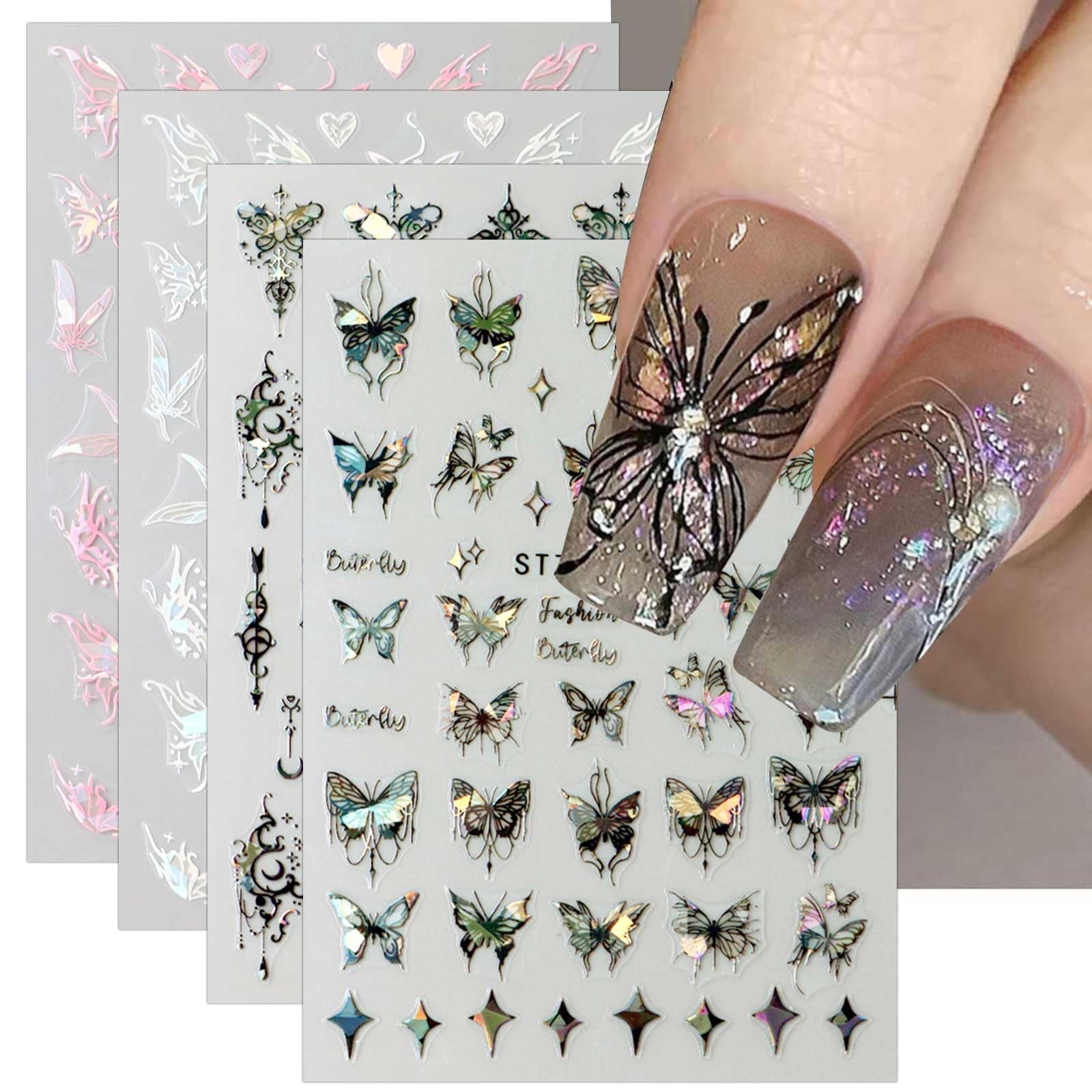 JMEOWIO 8 Sheets Butterfly Moon Star Nail Art Stickers Decals Self-Adhesive Pegatinas Uñas Black Colorful Nail Supplies Nail Art Design Decoration Accessories