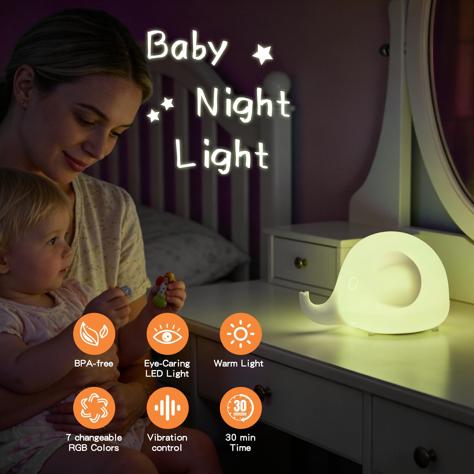 Little Rawr Luce notturna per bambini, luce notturna per bambini, 5 colori che cambiano e oscurano continuamente, lampada notturna in morbido silicone al tatto, ricaricabile per la notte della scuola