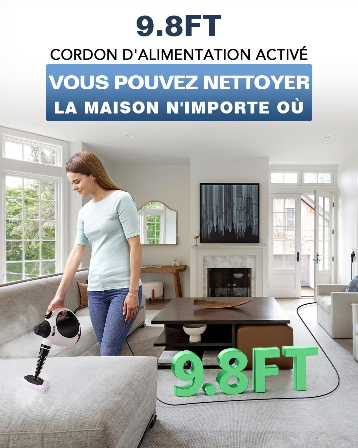 KLONA Nettoyeur Vapeur Portable, 1050W, Nettoyage Haute Température | pour Sols, Carrelage, Joints, Canapés, Cuisine, Salle de Bain | Sans Chimie | Serrure de Sécurité | avec 10 Accessoires