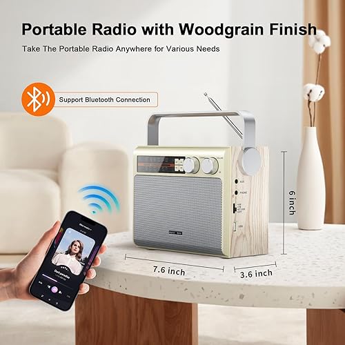 Miniatura 6 de YOWGULF Radio FM AM portátil, radio Bluetooth con la mejor recepción, radio transistor enchufable en pared o batería alimentada por batería, radio