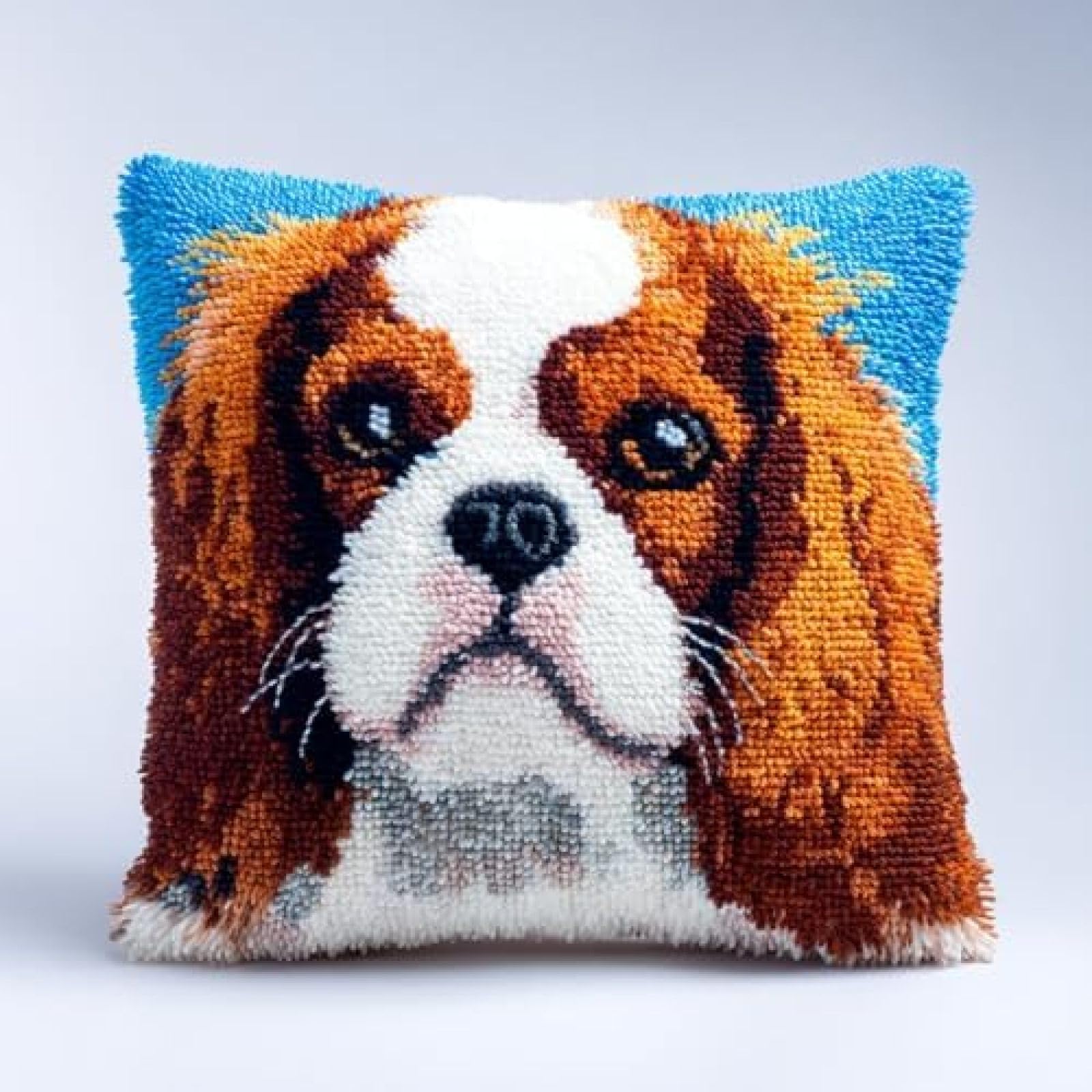 kitphoenix Pre-Printed Latch Hook Cushion Cover Kit for Adults,Cavalier King Charles Dog Cute Portrait,DIY Pillow Cover Craft Set with Yarn and Hook,43x43 cm