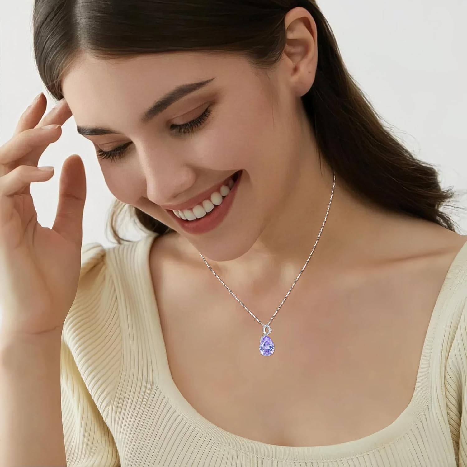 FJ Teardrop Birthstone Necklaces 925 Sterling Silver Pear Cut Pendant Necklace Birthday Jewelry for Women - Image 2