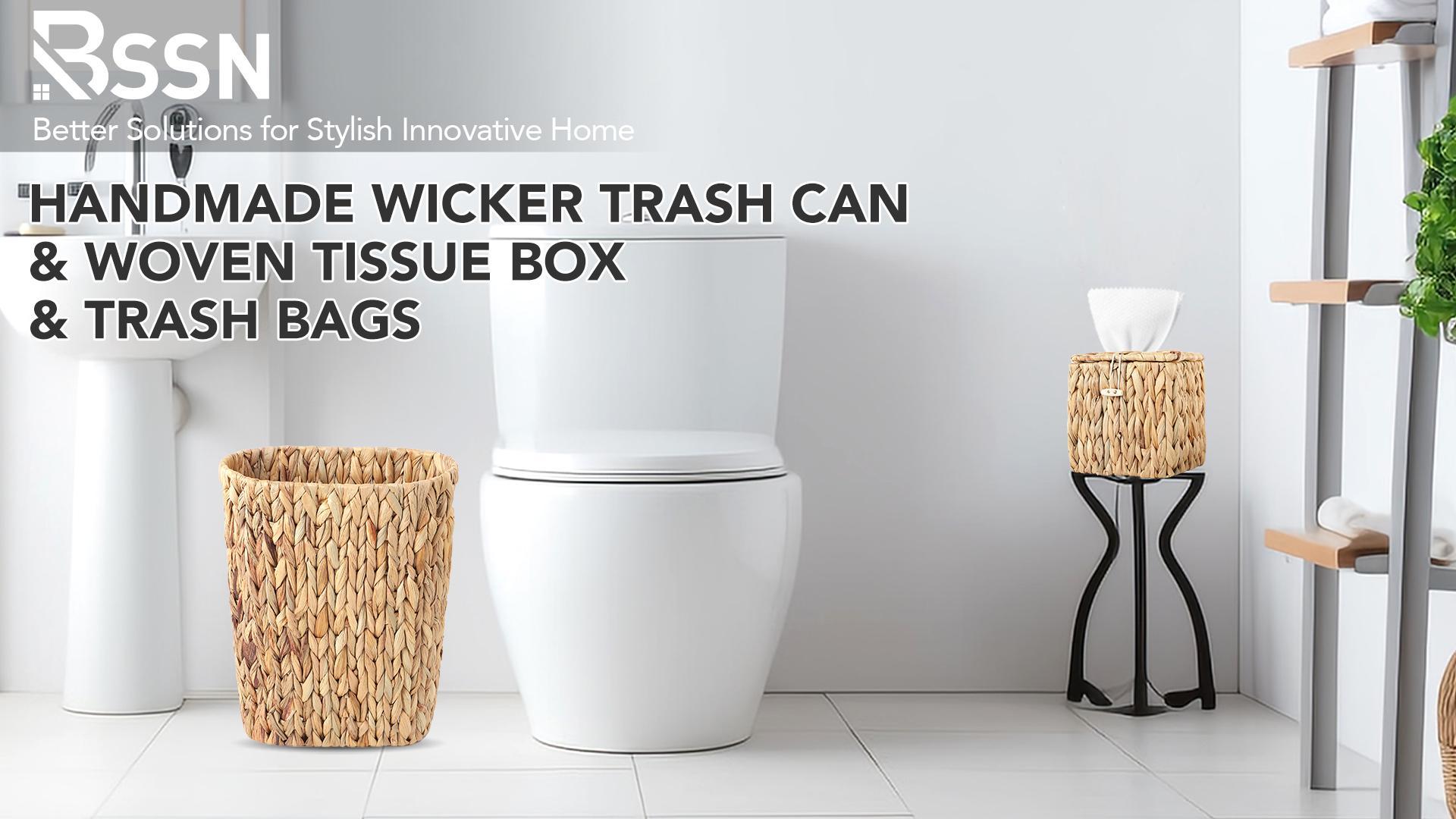 Image of Wicker Trash Can and Square Tissue Box Cover, 4 Gallon Water Hyacinth Bathroom Trash Can, Handwoven Napkin Holder, Narrow Small Waste Basket, Rustic Decorative Home Set for Bedroom,Office (Khaki)