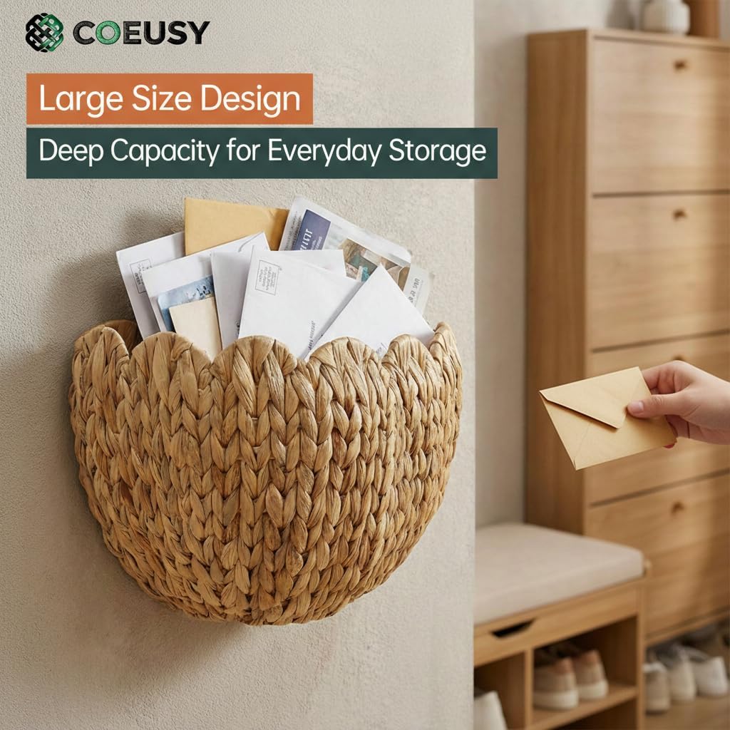 Scalloped Wall Basket,Boho Wall Decor Basket,Big Wicker Hanging Baskets for Nursery,Door,Plants,Mail,Natural Water Hyacinth