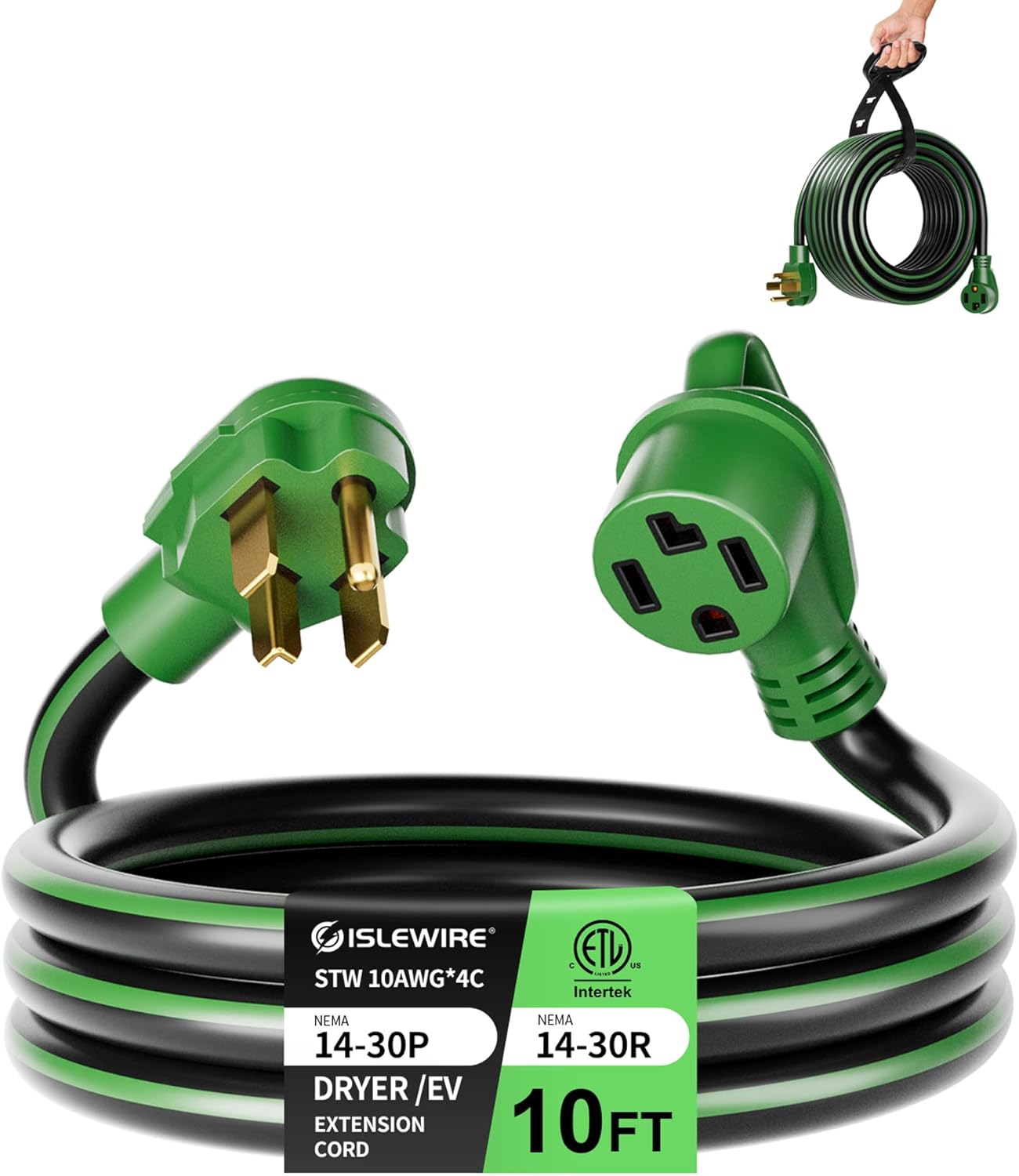 30-Amp 4-Prong Dryer EV Extension Cord, 10 Feet, NEMA 14-30P to 14-30R, 125V/250V Heavy Duty STW 10AWG/4, Use for Tesla Model 3/Y/X/S, Level 2 EV Charging & Dryer Power Extension, ETL Listed