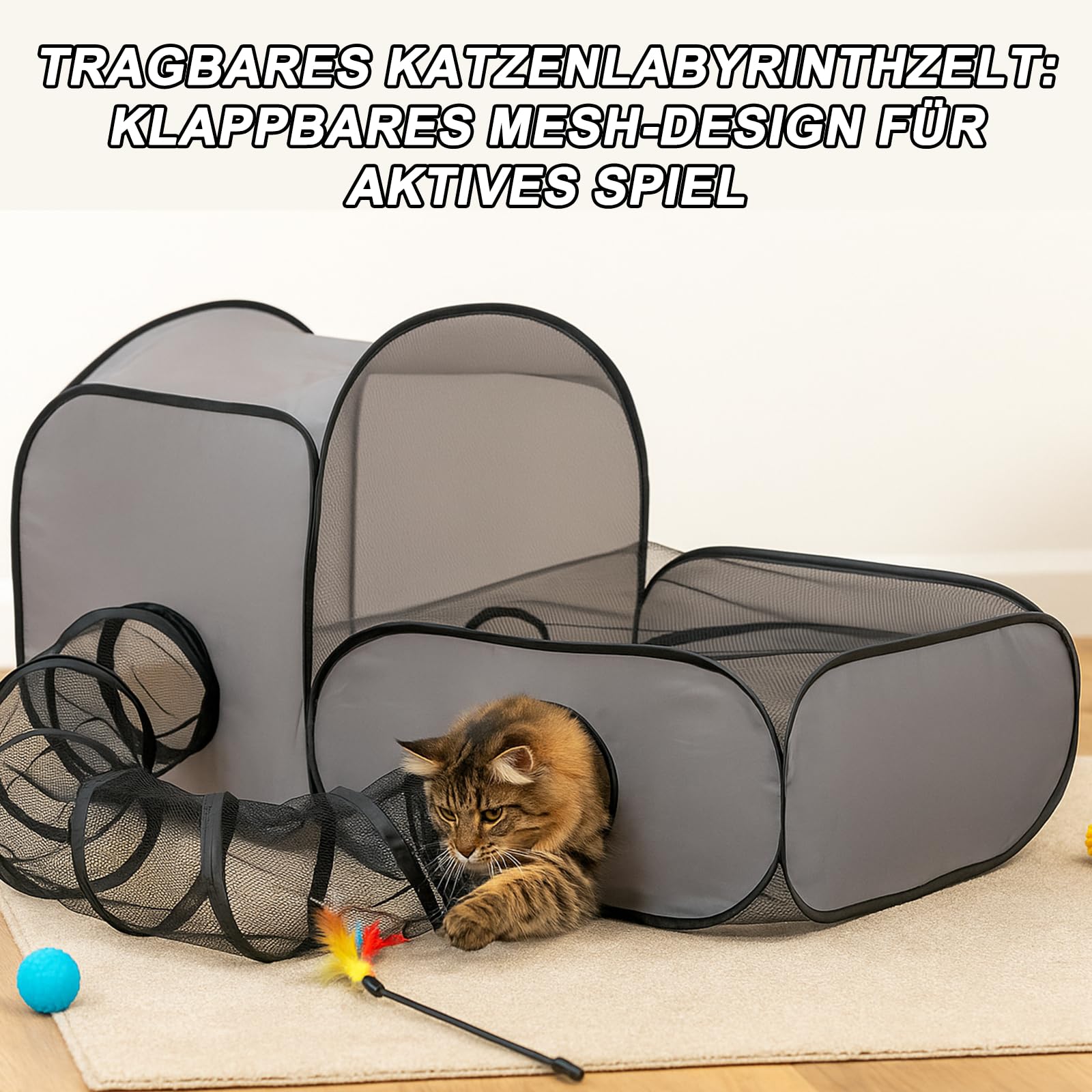 Faltbarer Katzenlaufstall mit Tunnel - Tragbares katzenzelt, katzenzelt und Katzen gehege Outdoor, katzengehege Indoor, Multifunktionaler Outdoor-Laufstall mit atmungsaktivem Netz (100 * 50 * 70 cm)