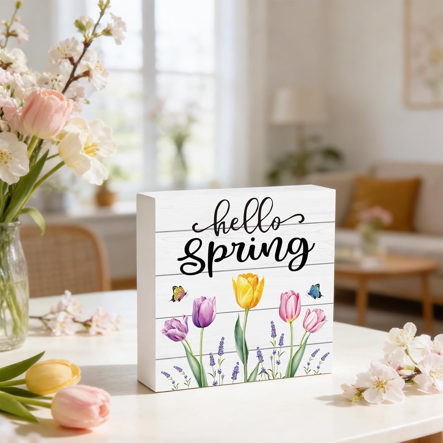 Spring Table Decor Spring Decorations Indoor Tulips Hello Home Room Office Bathroom Wood Box Sign Rustic Wooden Shelf Desk Decor Season Sign House Warming Gifts 5.9 x 5.9 Inch