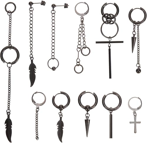 TOVINANNA 11Pcs Clip on Earrings for Men and Women, Stainless Steel Dangle Earri