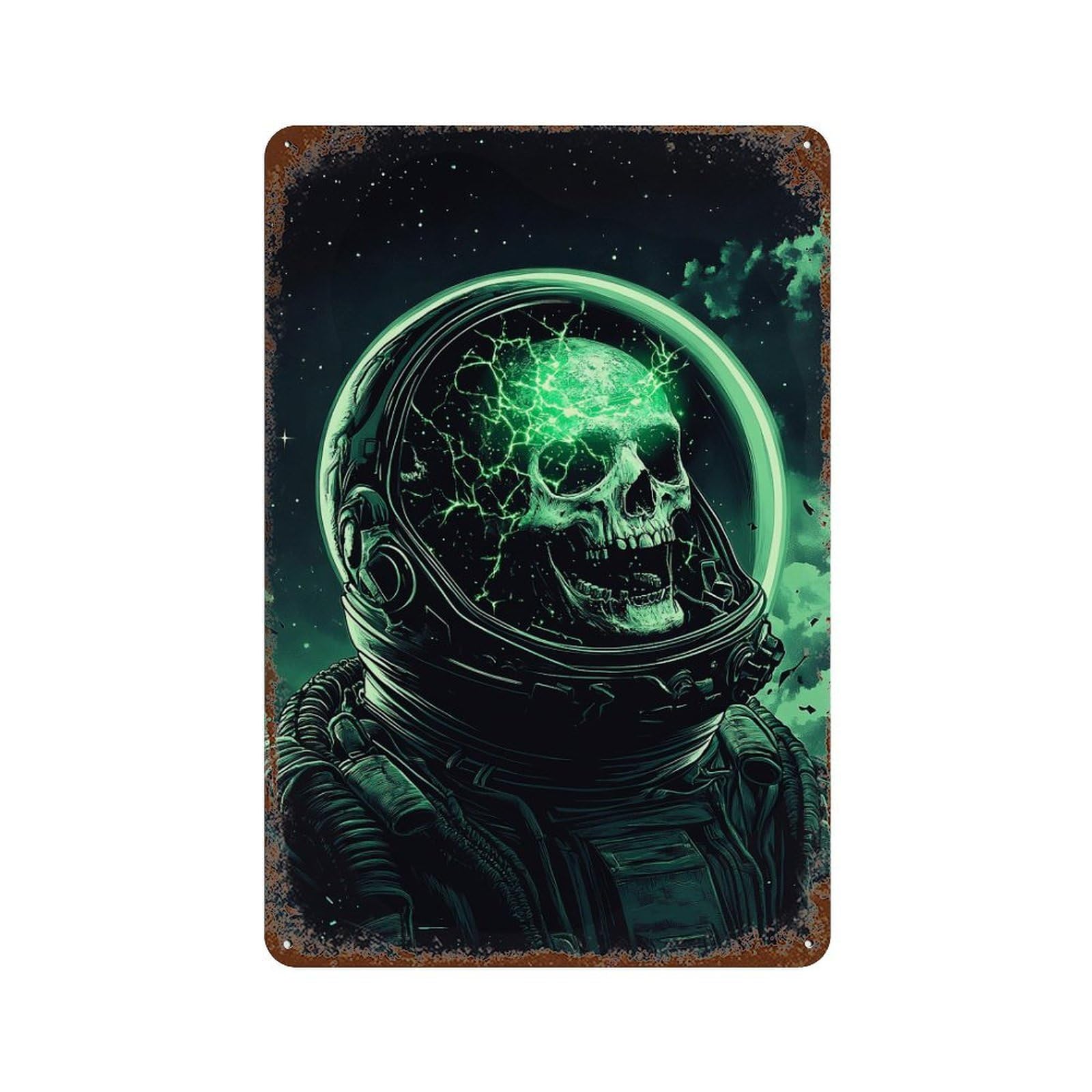 Garage Style Space Horror Astronaut with Glowing Skull Vintage Rust Metal Sign 11.8"x7.9", Novelty Wall Decor for Bar And Workshop