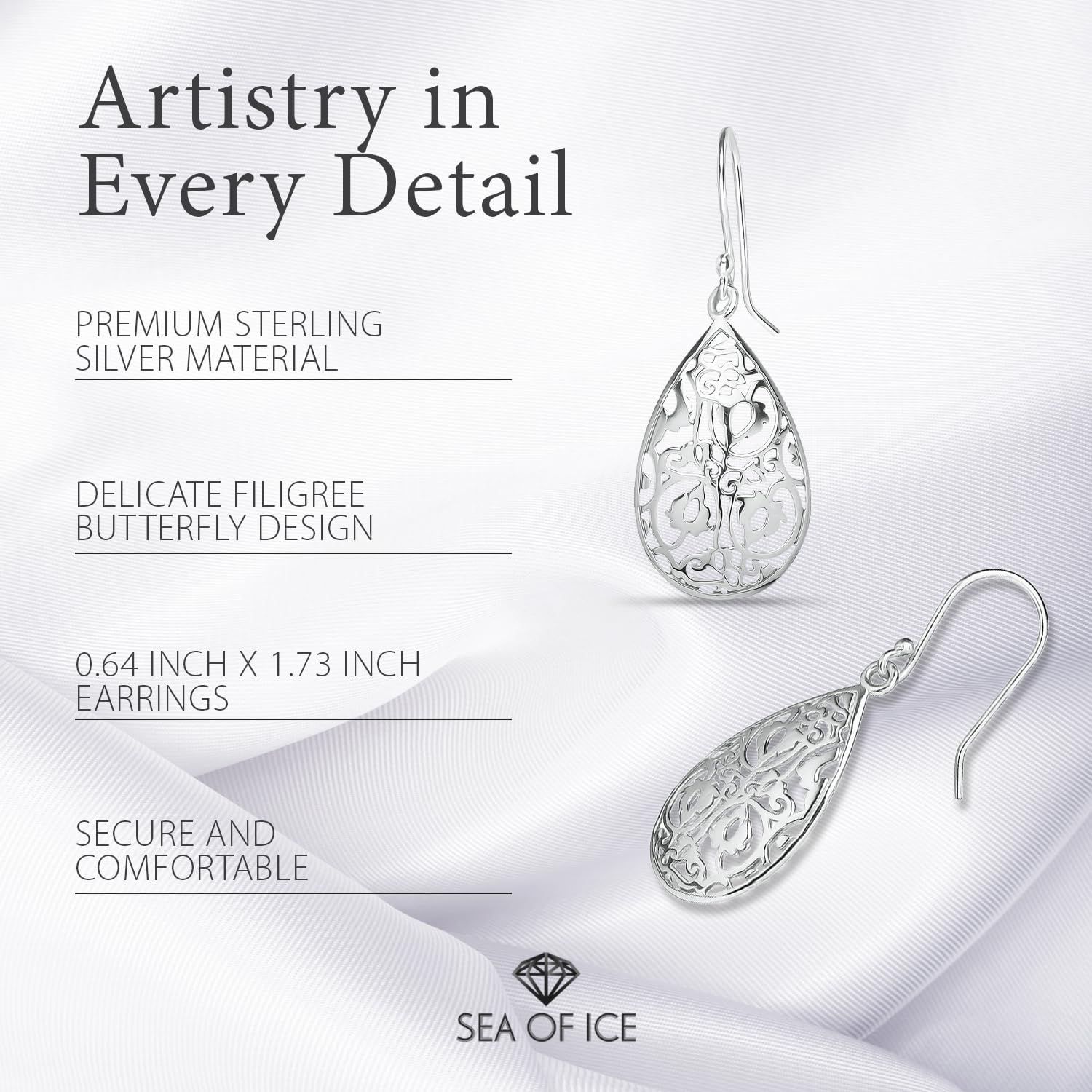 Sterling Silver Tear Drop Dangle Filigree Earrings for Women – boho and Chic Pear Shape Hook Earrings with Thin and Lightweight Hook - Image 8