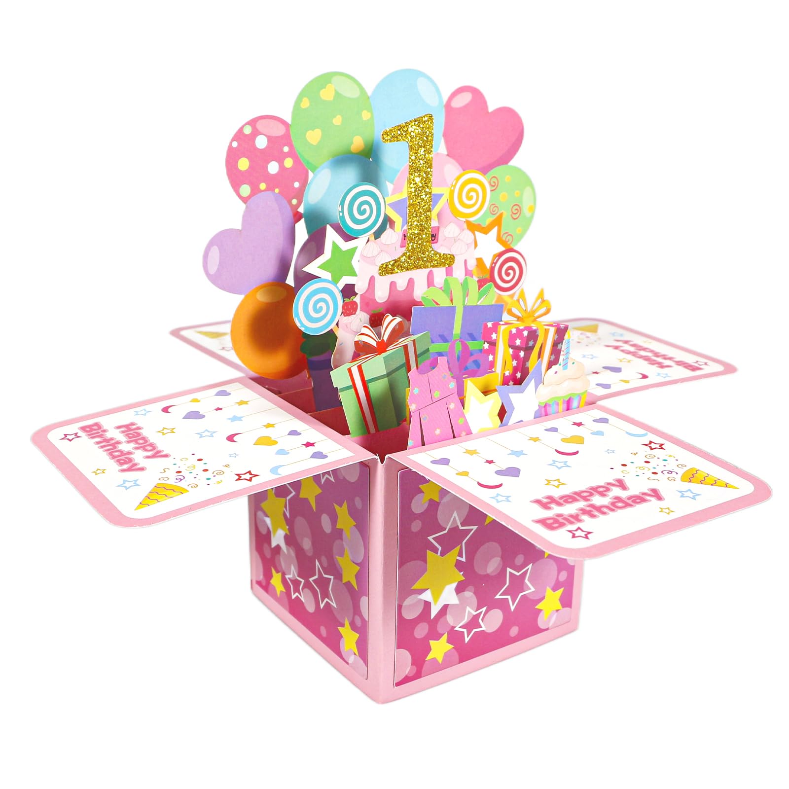 Geukmun 1st Birthday Card for Girls, 1st Birthday Decorations for Girls, Pink Pop Up Happy Birthdays Card with Envelope for 1 Year Old Girl Gifts, Granddaughter, First Birthdays Gifts