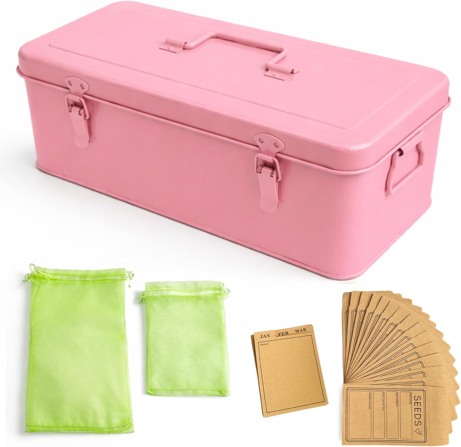 Seed Storage Organizer –Waterproof Metal Seed Box with Storage Bags, Dividers, 4 Compartments with Lid and Safety Locks , Portable Side Handles, Perfect for Garden Seeds, Lables & Tools -Matte Pink