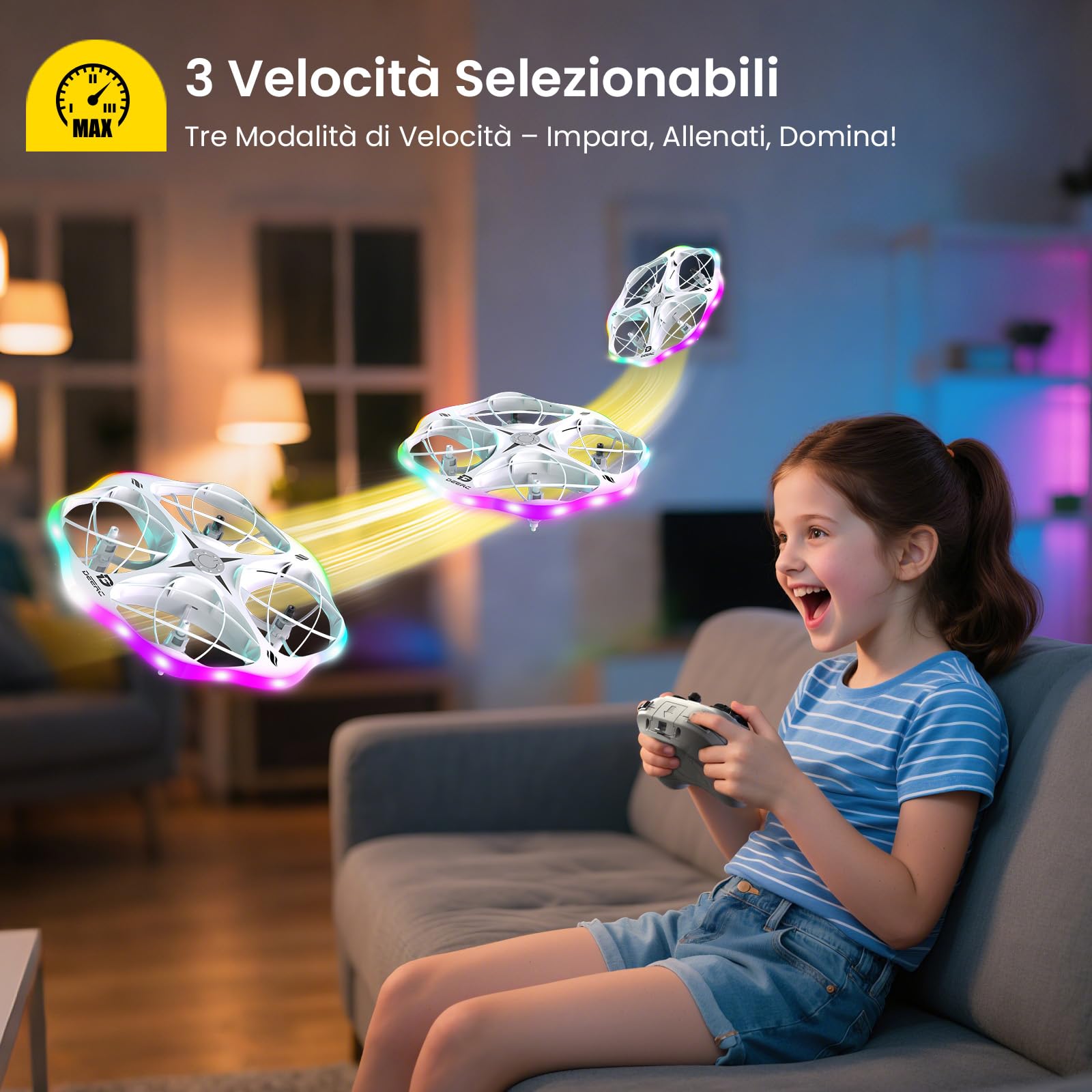 DEERC D13 Mini Drone per Bambini con 3 Batterie, Evitamento Ostacoli e LED | Mini UFO Facile da Usare con 6 Modalità LED, Lancio a Mano, Flip 3D, Regalo per Bambini 6-12 Anni