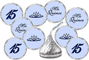 Mis Quince Birthday Blue Kisses Stickers, (Set of 216), Quinceanera Chocolate Drops Labels, 15 Party Decoration Favors Decor for Kisses. Made in USA.