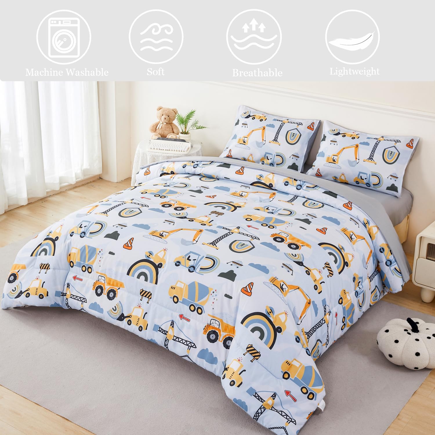 ANGIYUIN 5 Pieces Construction Twin Size Comforter Set for Boys Kids Cartoon Car Excavator Tractor Bed in A Bag with Sheets Ultra Soft Fluffy Bedding Set - Image 3