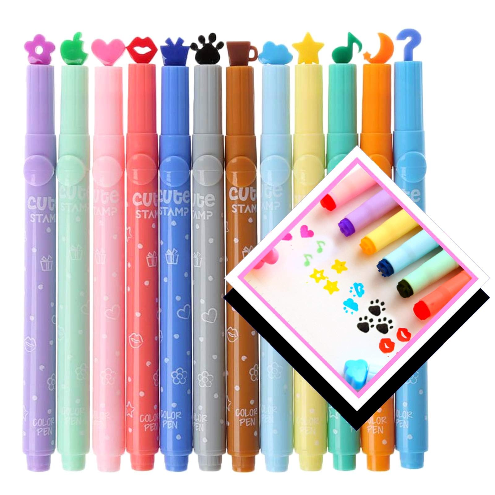 NALACAL12-Pack Cute Candy Color Highlighters with Mini Stamper Tips for Coloring, Drawing, Illustrating, Journaling and Art Crafts, Creative School Classroom Self-Inking Stationery for Kids