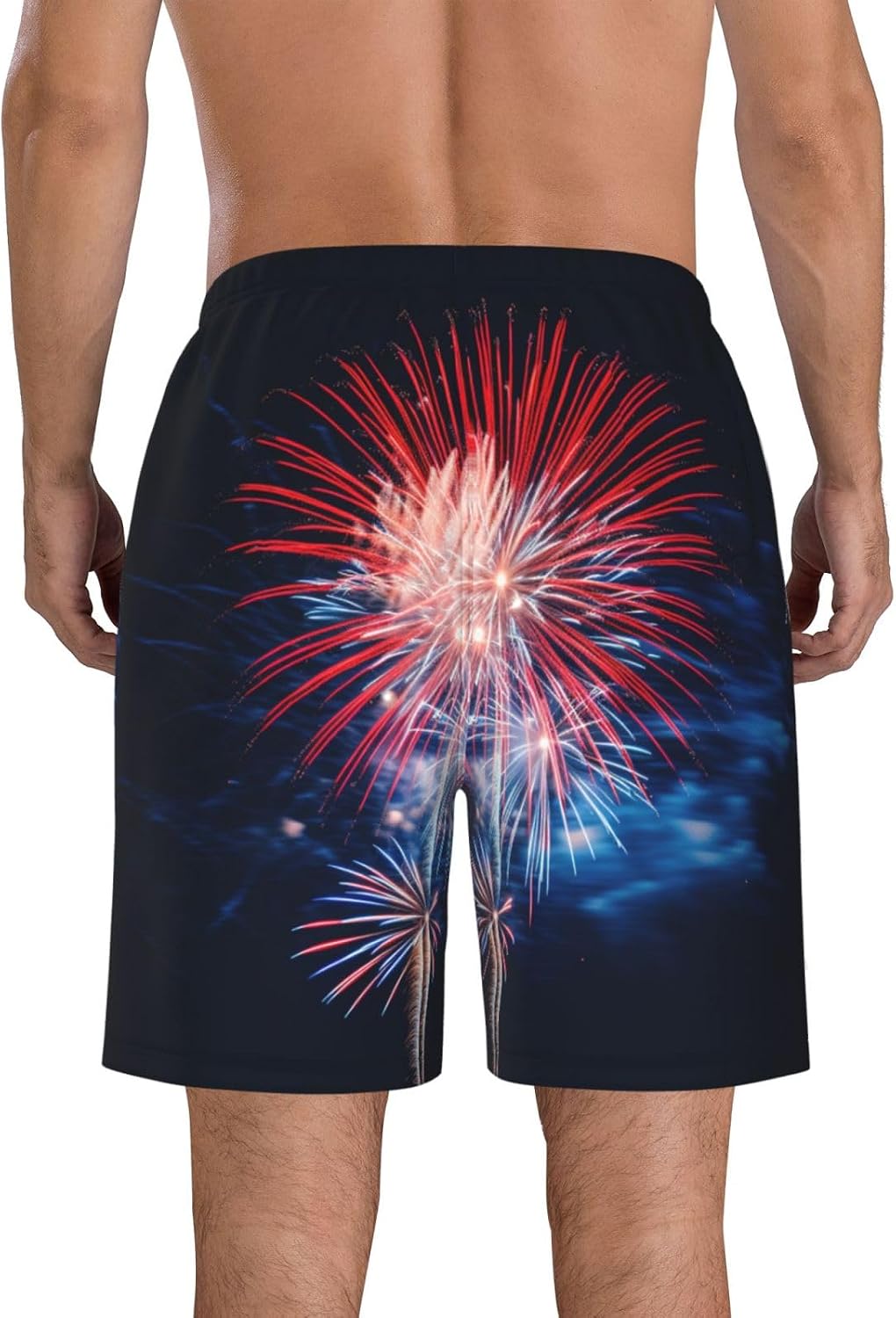 Flag Firework Print Men's Hawaiian Beach Shorts Elastic Novelty Summer Casual Shorts with Pocket