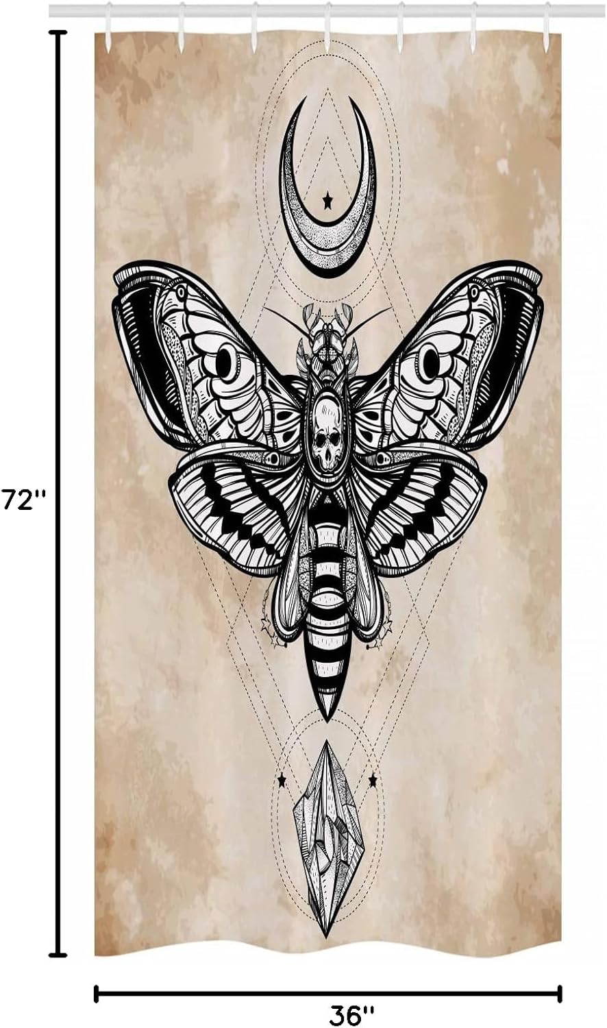 Ambesonne Fantasy Stall Shower Curtain, Dead Head Hawk Moth Luna and Stone Magic Skull Illustration, Fabric Bathroom Decor Set with Hooks, 36" W x 72" L, White Black