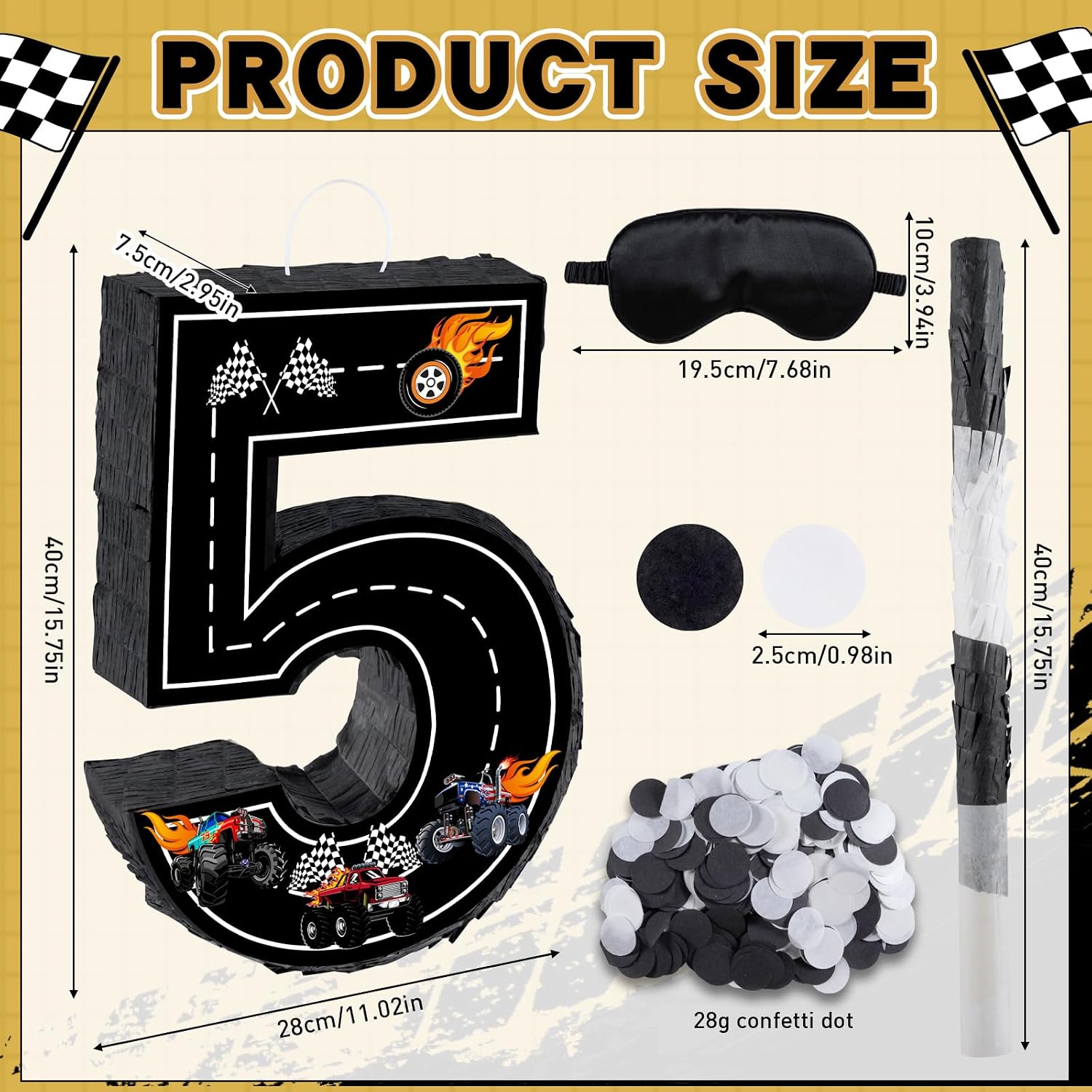 Truck Theme Pinata, 15.7‘’ Truck Number 5 Birthday Pinata with 16 Inch Piñata Stick Blindfold Confetti for 5 Birthday Decorations (5th)