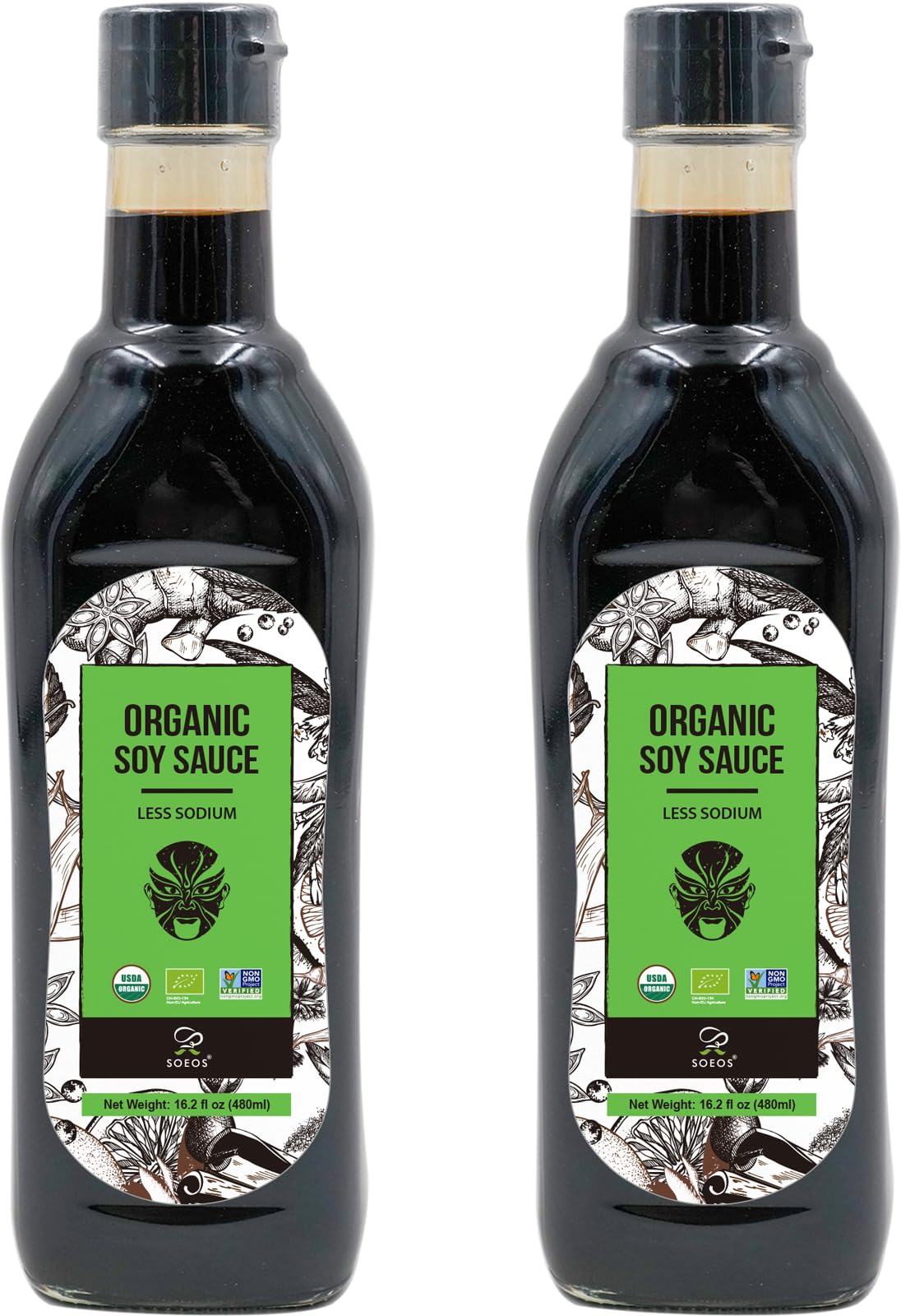Soeos Soy Sauce Low Sodium, 16.2oz (480ml) 2 Pack, USDA Organic Soy Sauce, Premium Quality Dark Soy Sauce, Pure Ingredients, Marinade for Meat & Vegetables, Black