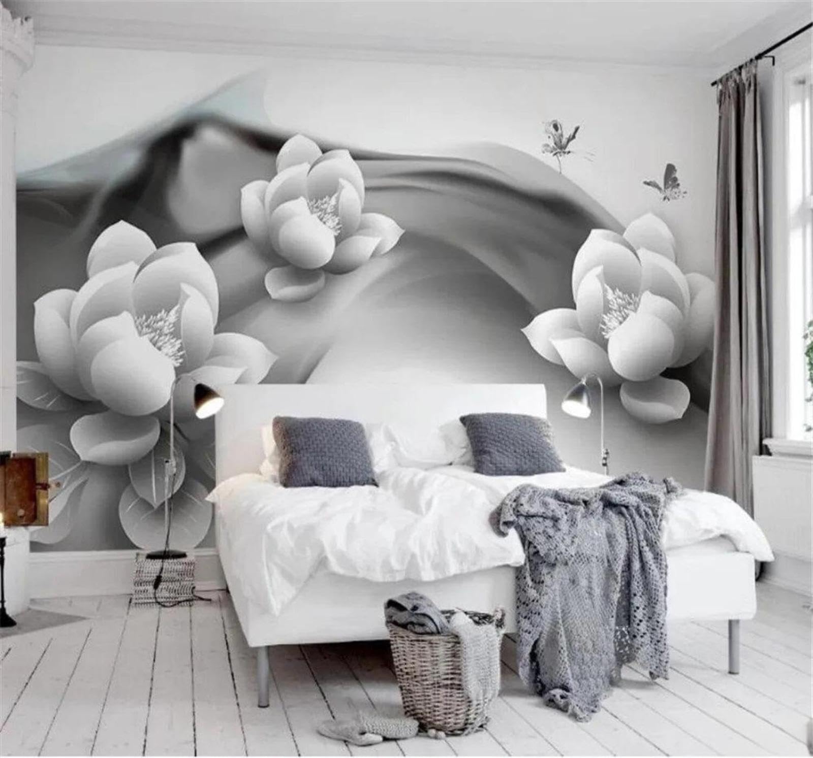 Tzxztt Black and White Ink Lotus Butterfly Minimalist Modern 3D Wallpaper Premium Textured Silk Neutral Tones Material Ideal for Living Room Bedroom-350cm×256cm