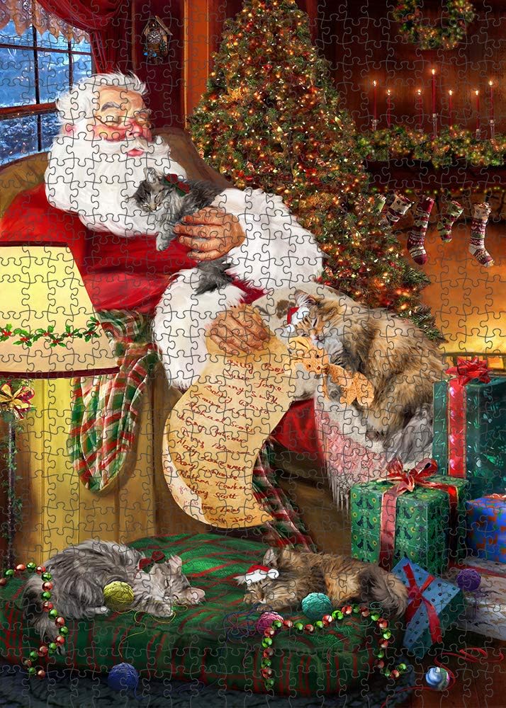 Santa Sleeping with Norwegiann Forest Cats Jigsaw Puzzle for Adults - Animal Printed Interlocking Puzzle Game Artwork - Gift for Dog Lover's -1000 Pcs 29.5"x19.7"