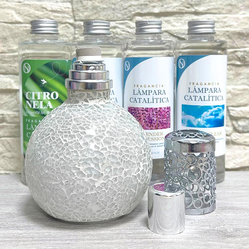 Pack Ahorro Lámpara Catalítica Mosaico Blanco + Fragancia Aroma Cotton Clean 500ml. Elimina malos olores e impurezas, perfuma y limpia.