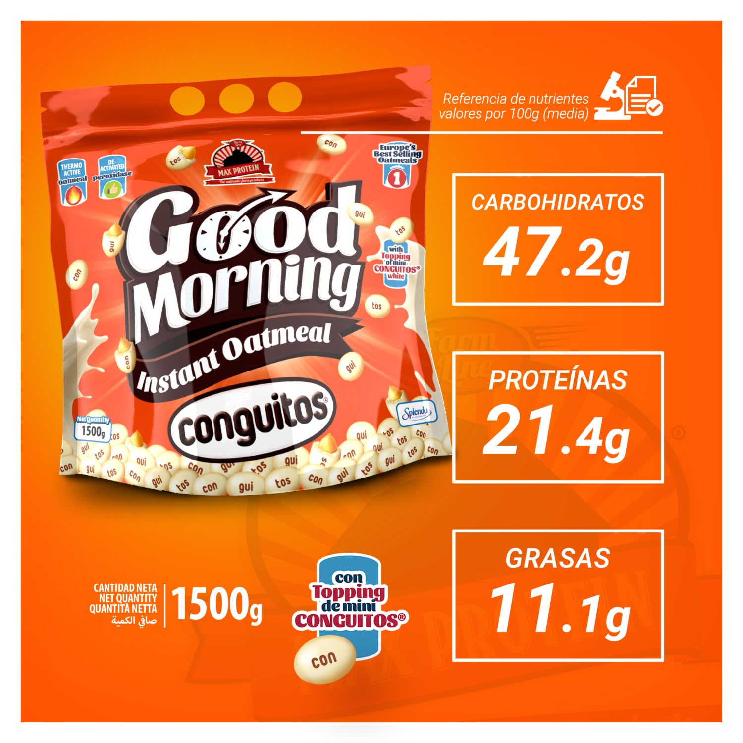 MAX PROTEIN - Harina de Avena Sabor Conguitos White con Toppings 1,5 kg – Avena en Polvo, Fuente de Proteína para Batidos, Pancakes y Desayunos Fitness — view 3