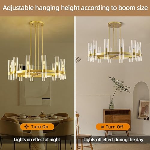 Miniatura 7 de Candelabro redondo de latón de 12 luces de 36 pulgadas con rueda de vagón para comedor, lámpara de tubo de vidrio transparente, candelabros modernos