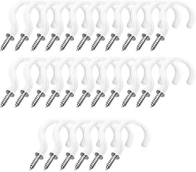 brackit 25 x PVC-Coated 25mm (1in) Cup Hooks Wall Ceiling Plastic-Covered Metal Screw-in Hooks for Kitchen Office Bedrooms Utility Room Garage