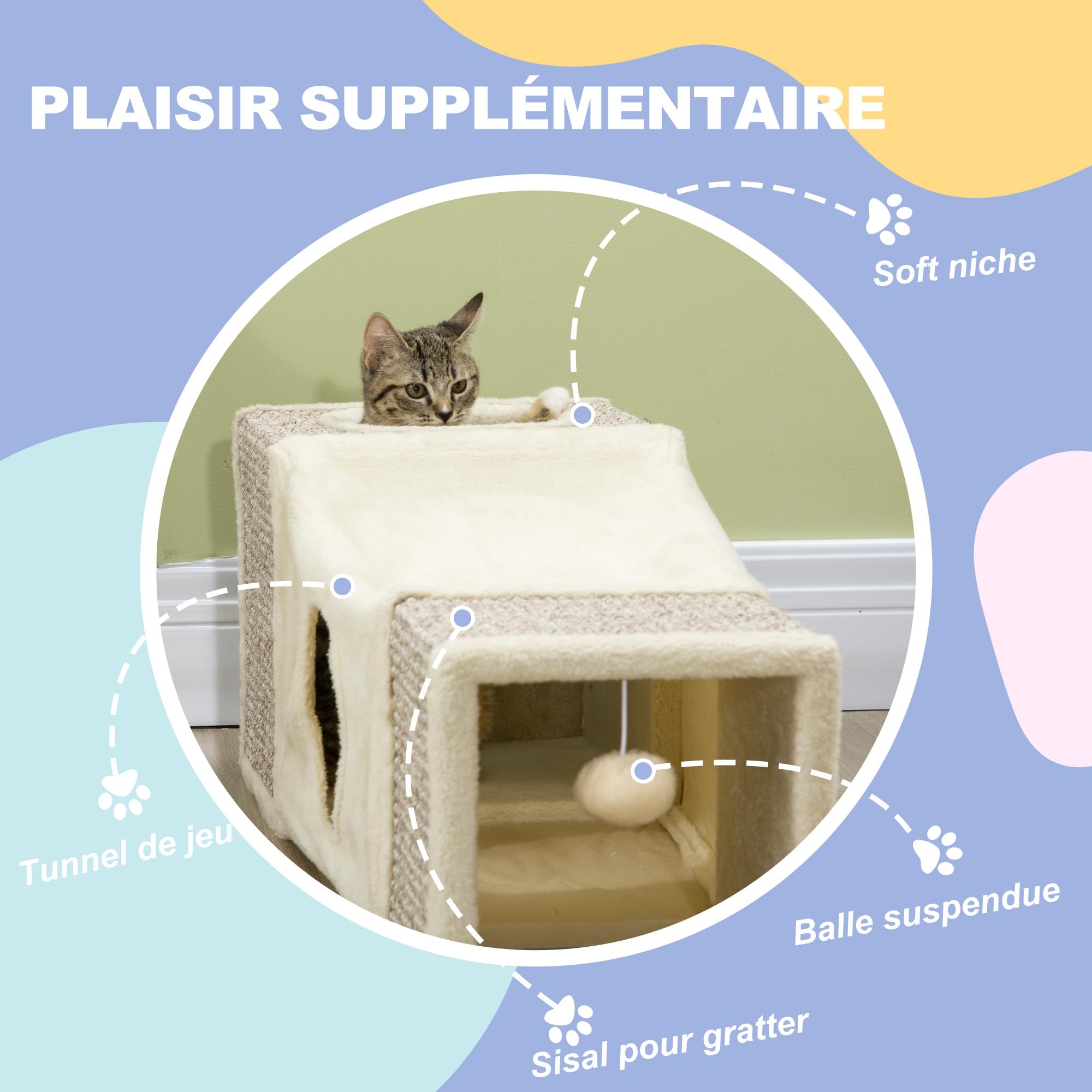 PawHut Tunnel pour Chat intérieur, Jouets pour Chats, Tunnel de Jeu avec Balle Suspendue pour Chats avec 2 niches, entrées Multiples, en sisal, crème