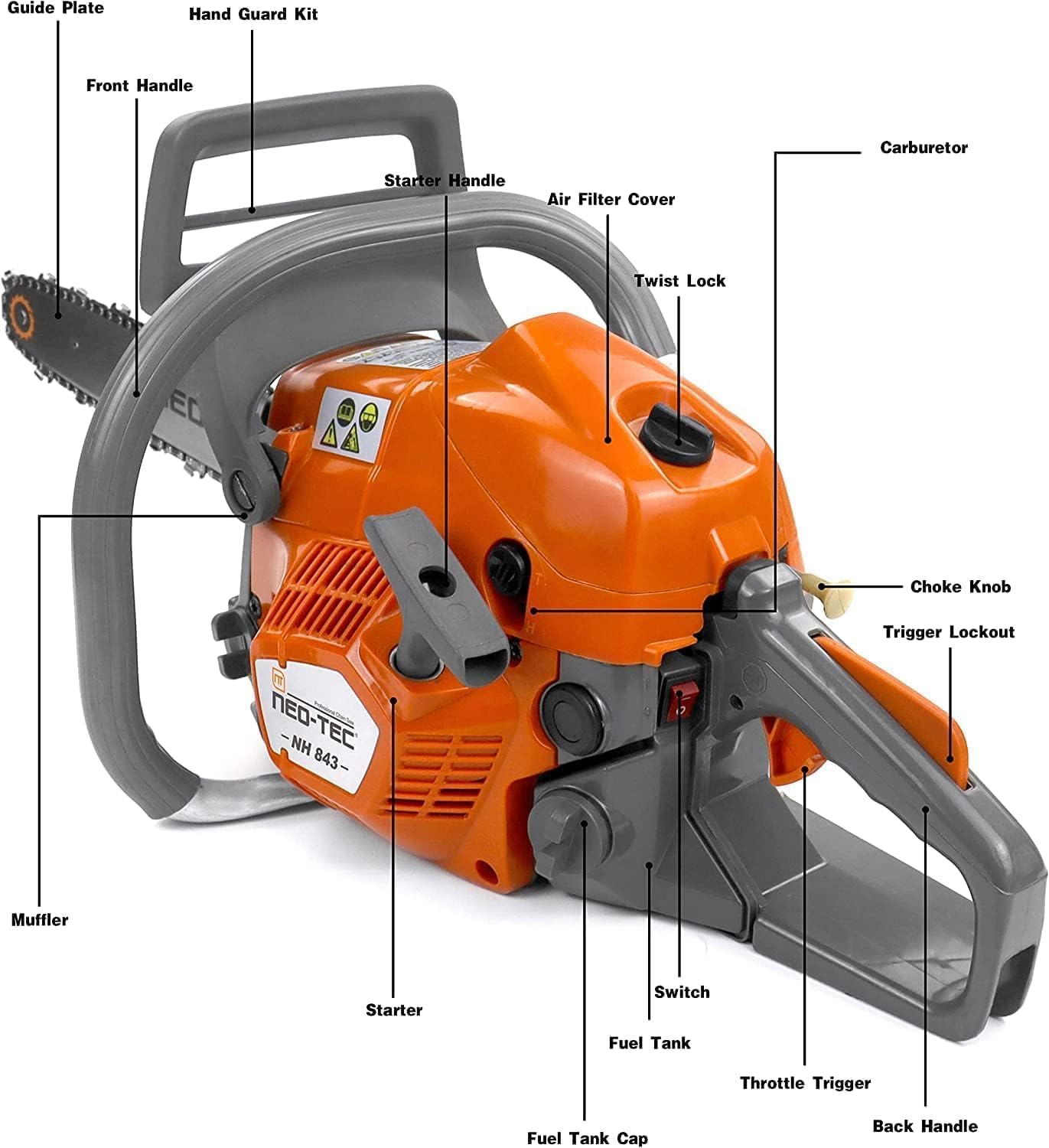 43cc Gas Chainsaw, NH843 Powerhead with 16 Inch Guide Bar and Chain, Power Chain Saw 2.95HP 2,2KW 16" Gasoline Chainsaws