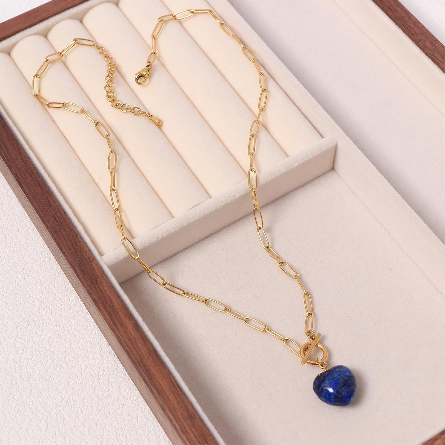 Natural Stone Paperclip Toggle Necklace Dainty Size Heart/Round Teardrop Gemstone Paper Clip Chain Necklace Birthstone Jewelry Gift for Women - Image 6