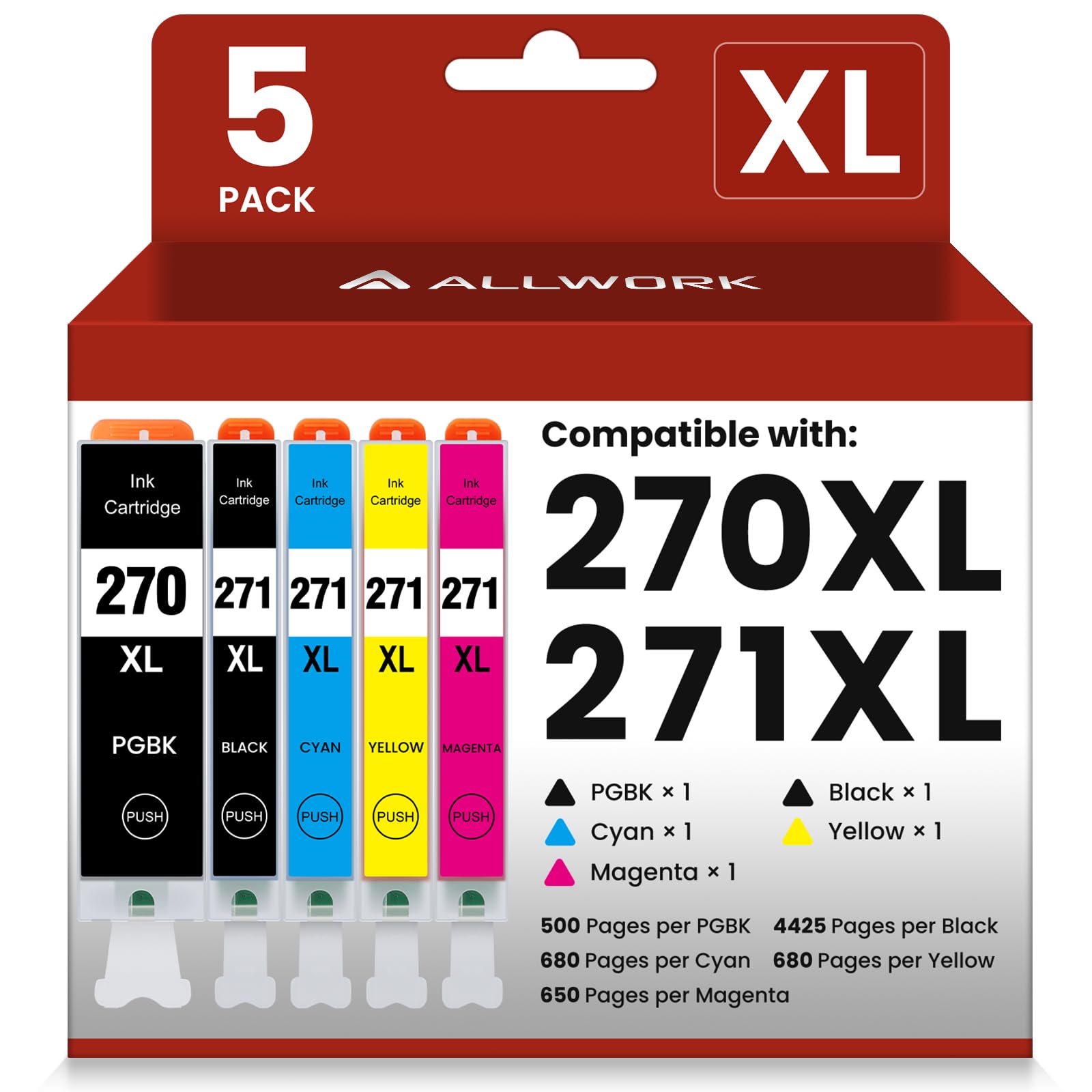 270 271 Compatible Ink Cartridge Replacement for Canon PGI-270XL CLI-271XL to use with PIXMA MG6820 MG6821 TS6020 TS5020 MG7720 TS9020 (PGBK Black Cyan Magenta Yellow) 5 Packs