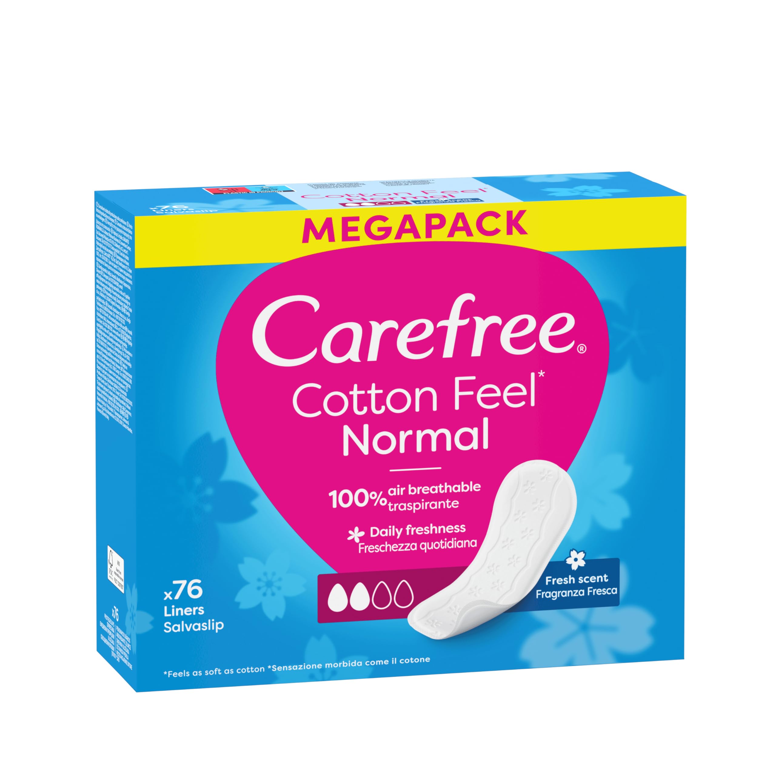 Carefree Cotton Fresh 76 szt. Wkładki higieniczne z naturalnym ekstraktem z bawełny o świeżym zapachu. Miękkie i łagodne dla skóry. Nie zawierają barwników. Niebielone chlorem.
