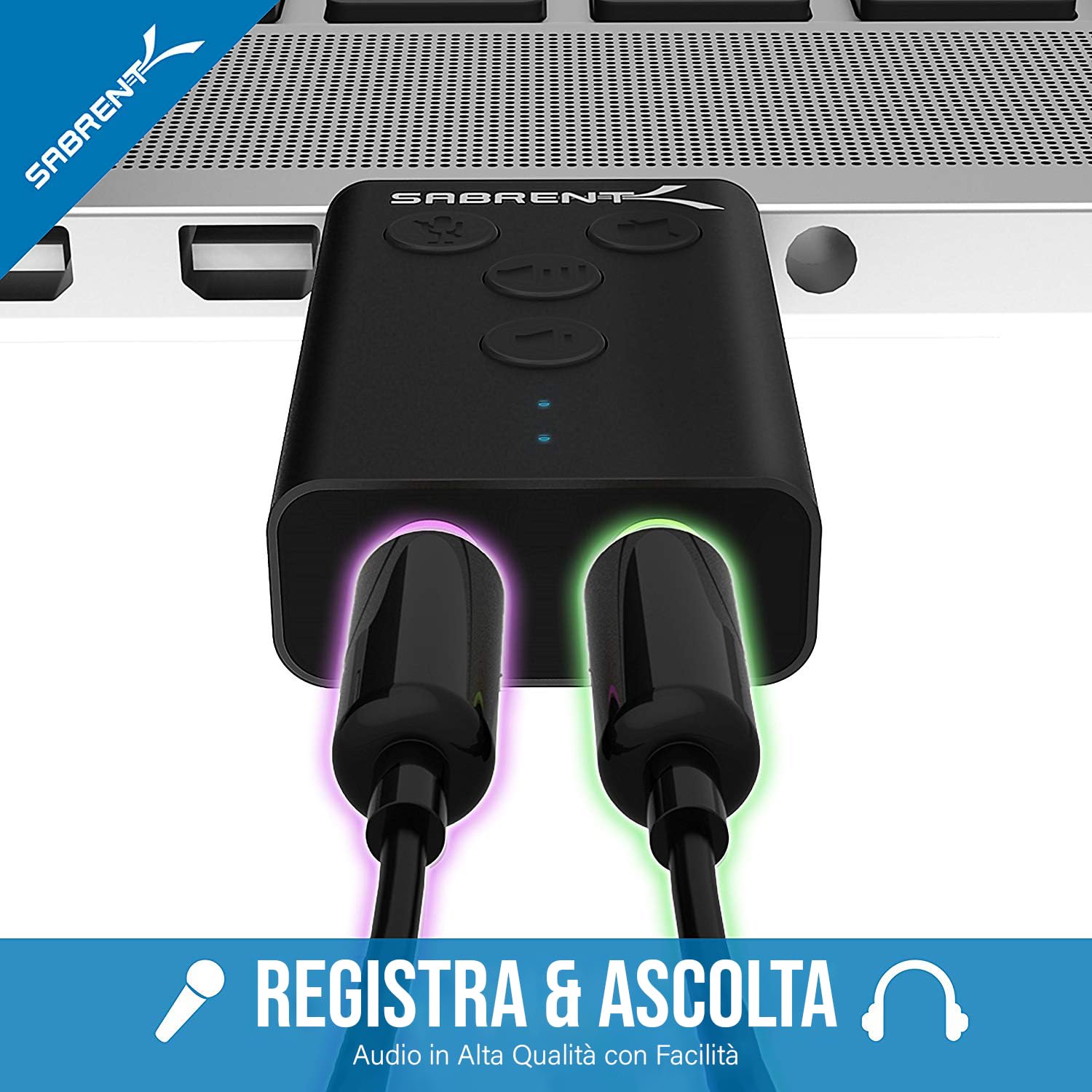 SABRENT Scheda audio USB cuffie e microfono per MAC e Windows, Adattatore audio presa USB, Plug & Play, Con pulsanti, per PS4, PS5, Windows e MAC Nessun driver necessario [Nero] (AU-DDAB)