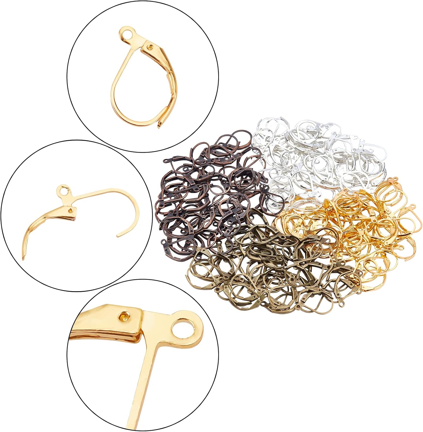 NBEADS 200 Pcs Brass Leverback Earring Findings, French Earring Hooks Leverback Earwires Earring Hooks Ear Wire with Open Loop for DIY Earring Making Jewelry, 4 Colors