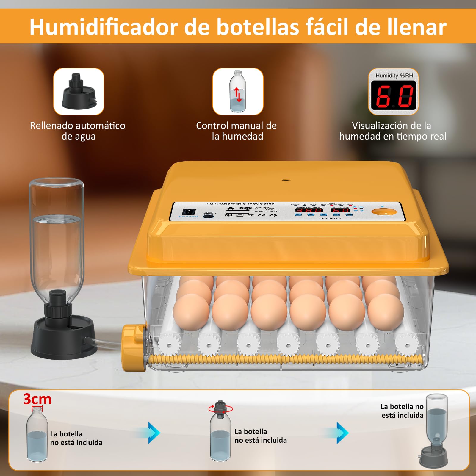 Incubadora Huevos Gallina para 36 huevos, Incubadora de Huevos Automatica con Control Temperatura, 5 Modos de Incubación Automáticos, Pantalla de Humedad, Llenado Automático de Agua y Volteo