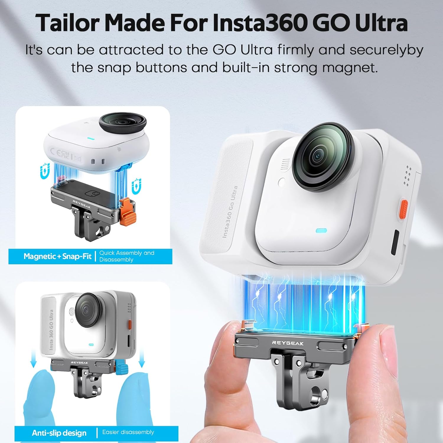 REYGEAK Magnetic Quick Release Mount for Insta360 GO Ultra,Aluminum Camera Adapter with 1/4’’ Threaded Port,Foldable Dual-Claw for Insta360 GO Ultra Accessories