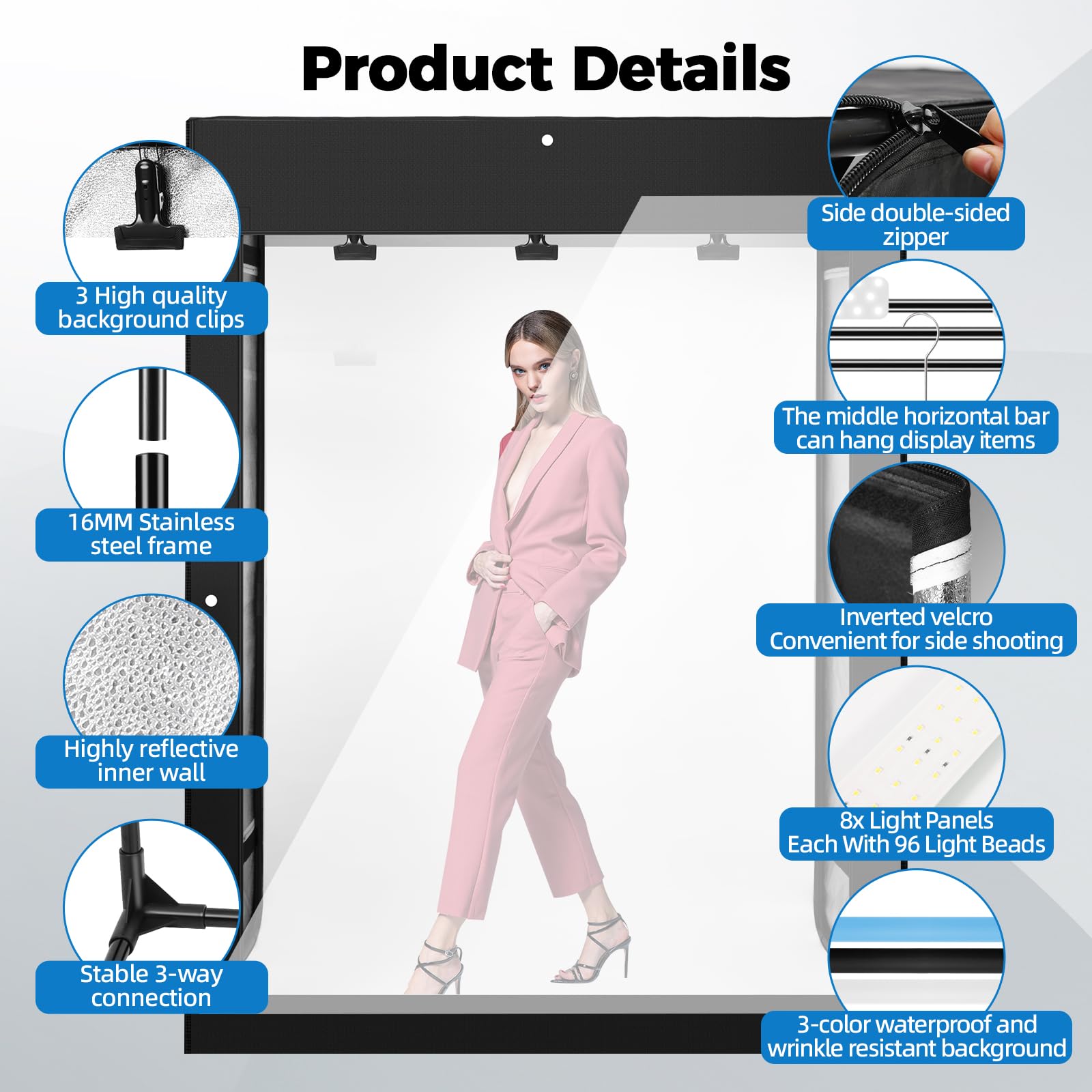 Photo Studio Light Box, 47"x39"x78" Professional Dimmable Shooting Tent Kit With 640 LEDs Lights & 3 Kinds Double-Sided Color Backgrounds For Large - View #6